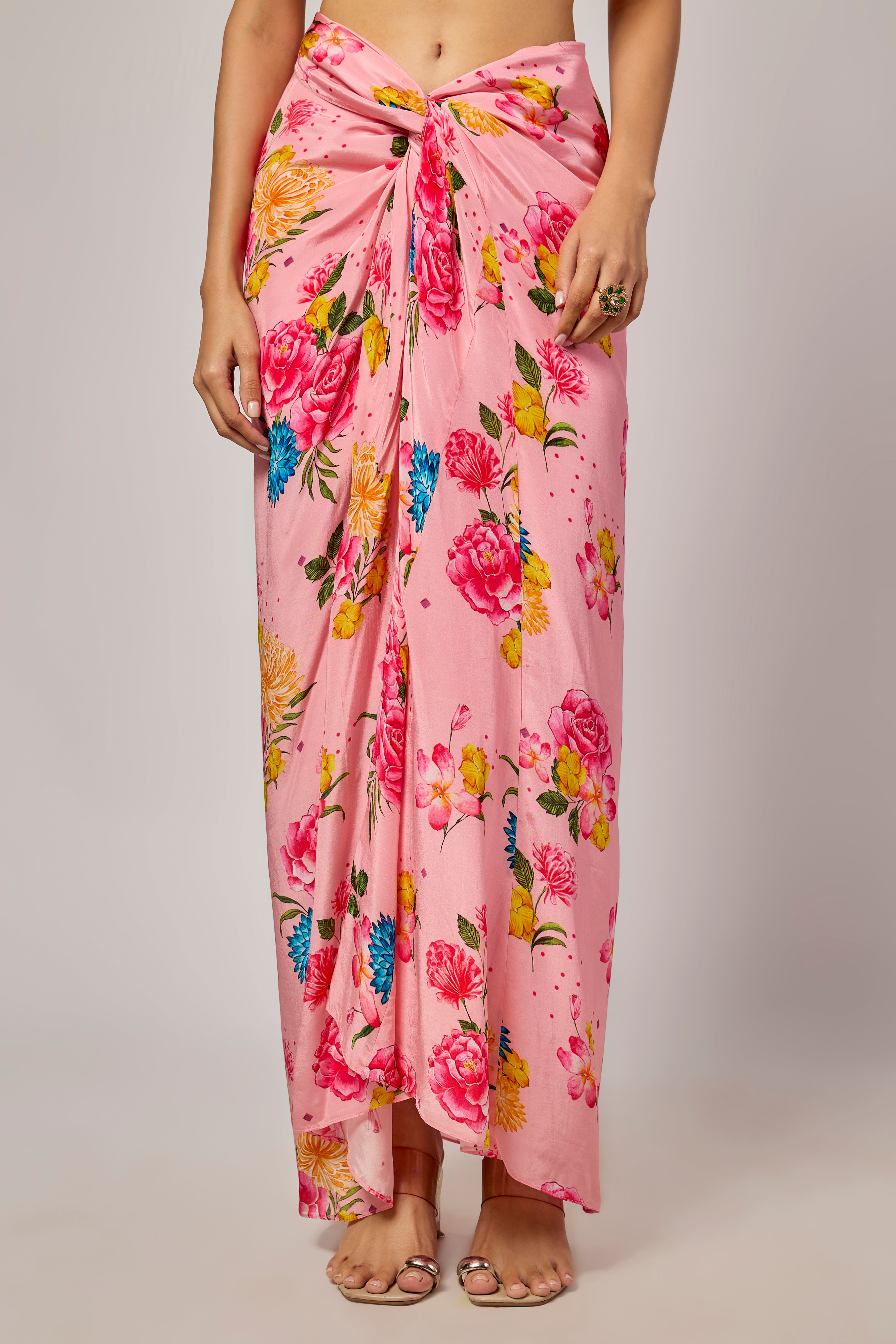 Powder Pink Floral Printed Draped Skirt Set With Embroidered Blouse
