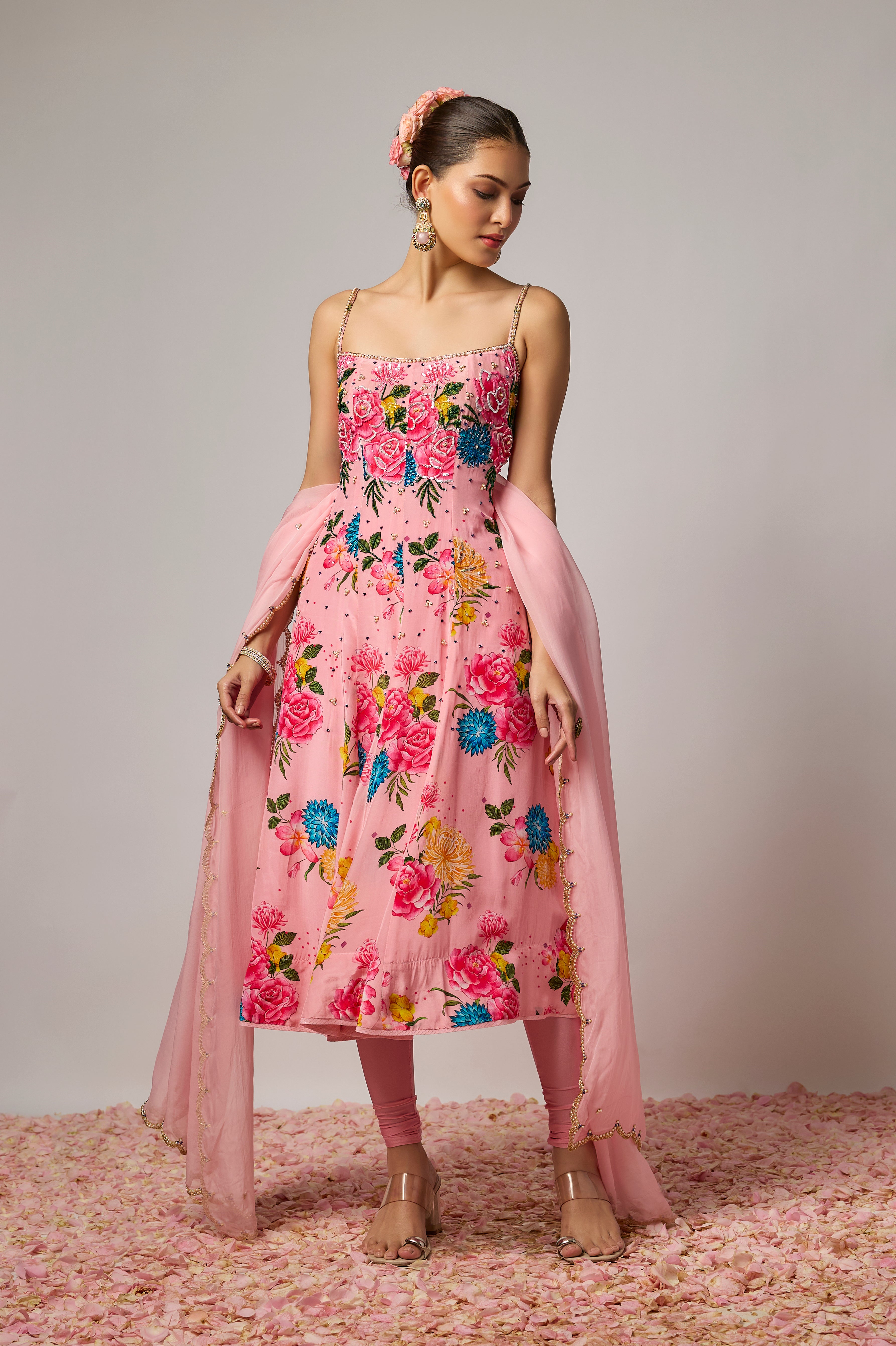 Blush Pink Pure Crepe Floral Embroidered Anarkali Set