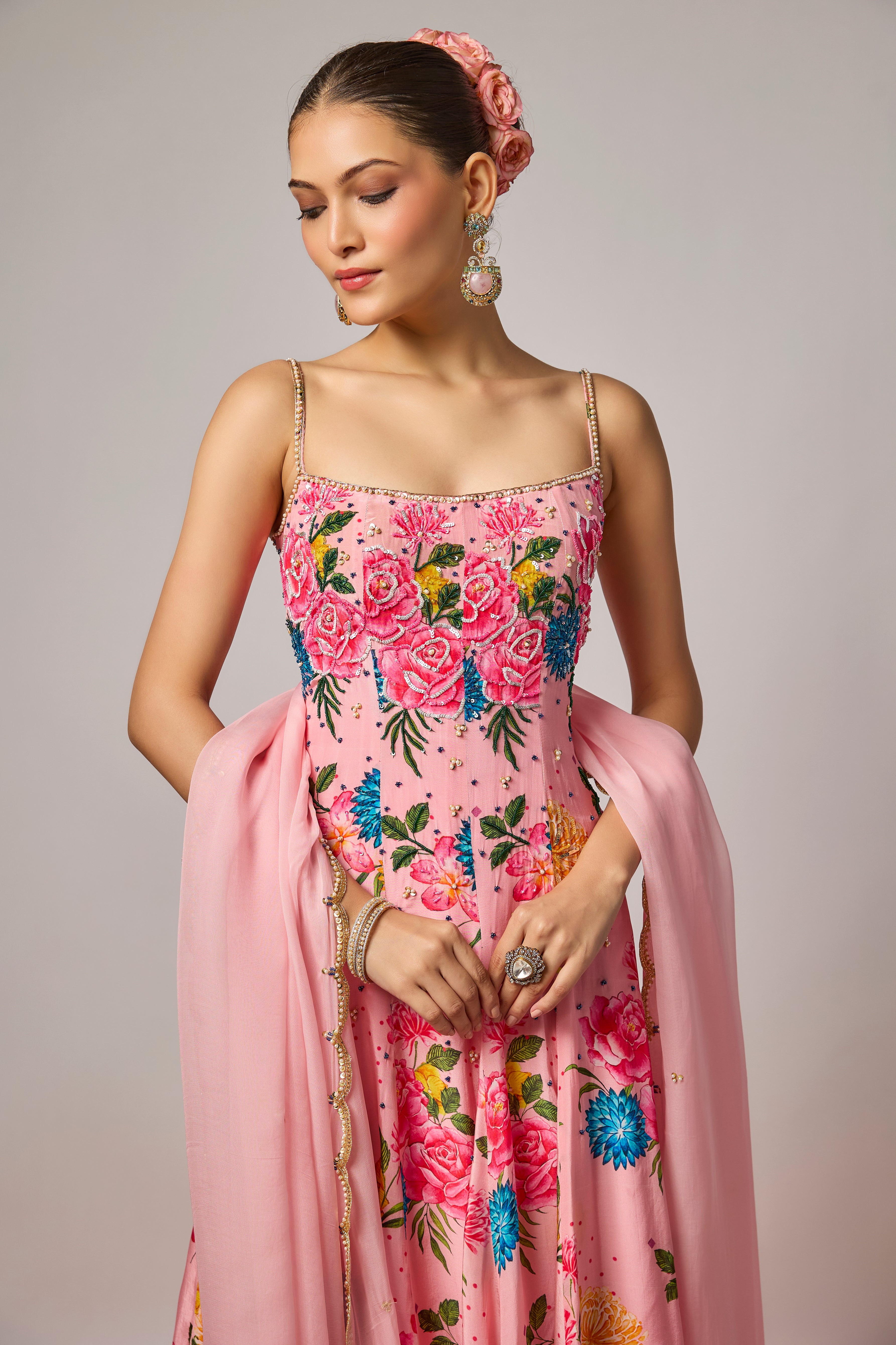 Blush Pink Pure Crepe Floral Embroidered Anarkali Set