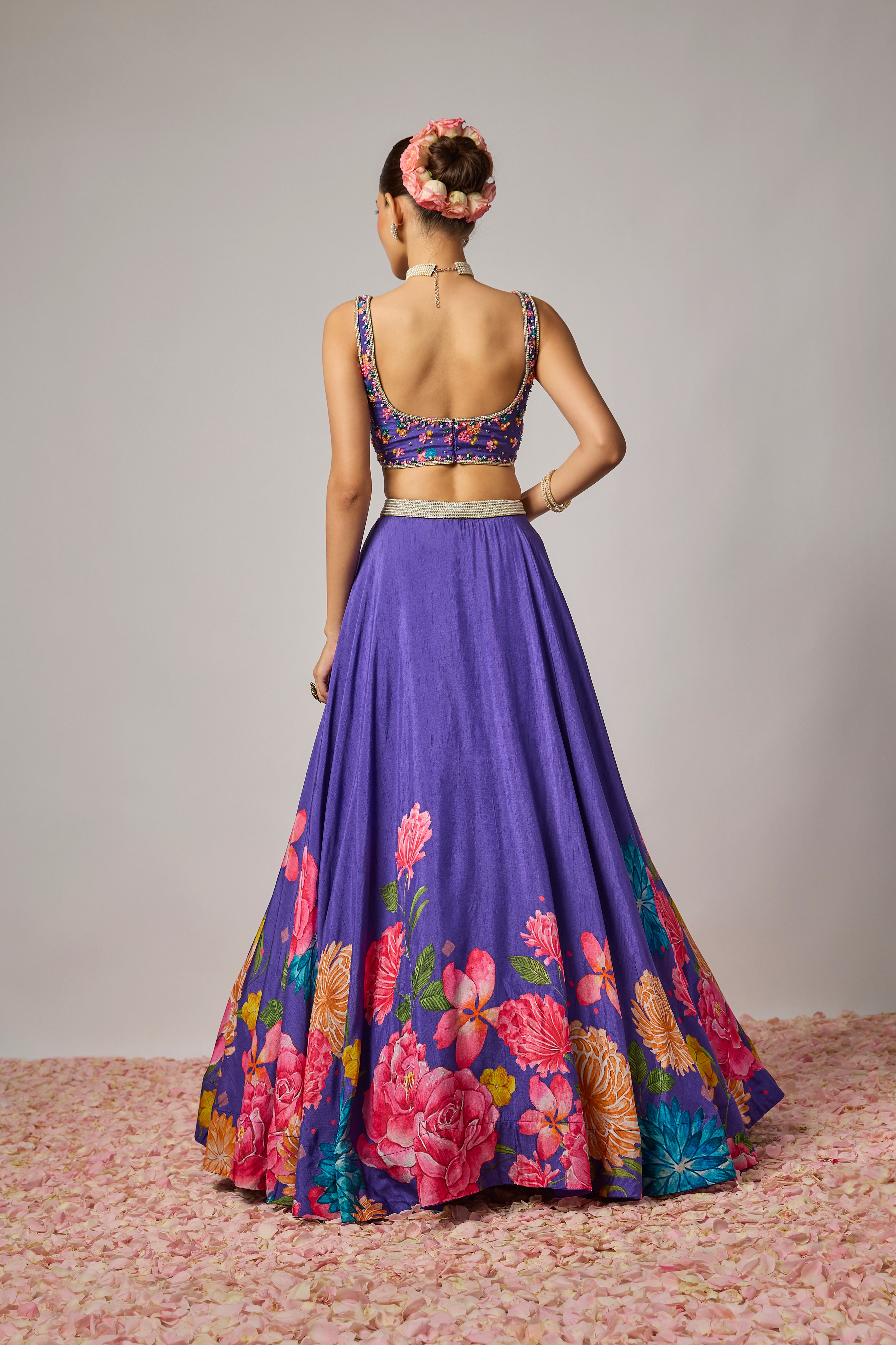 Deep Purple Dola Silk Floral Printed Lehenga Set