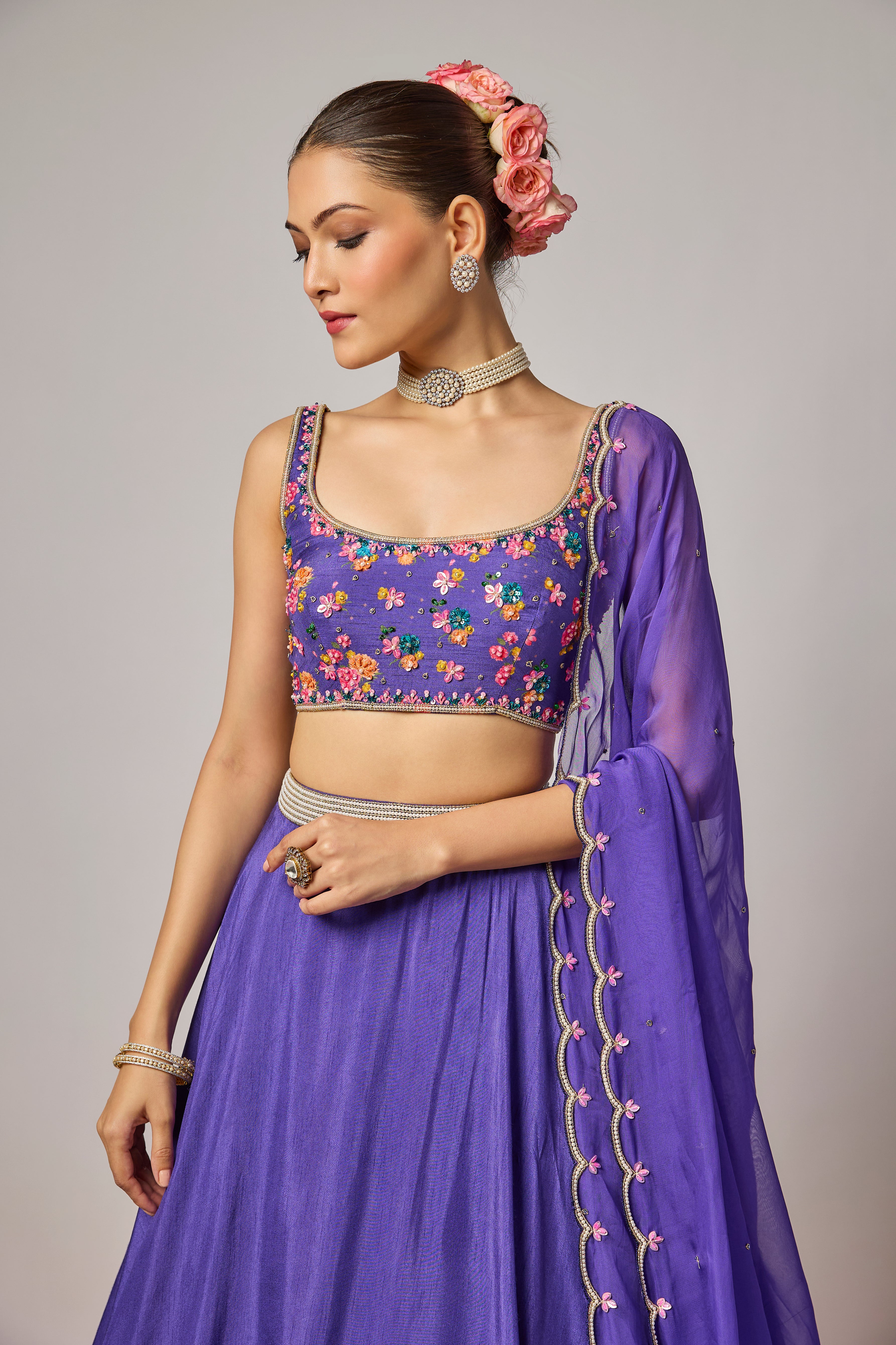 Deep Purple Dola Silk Floral Printed Lehenga Set