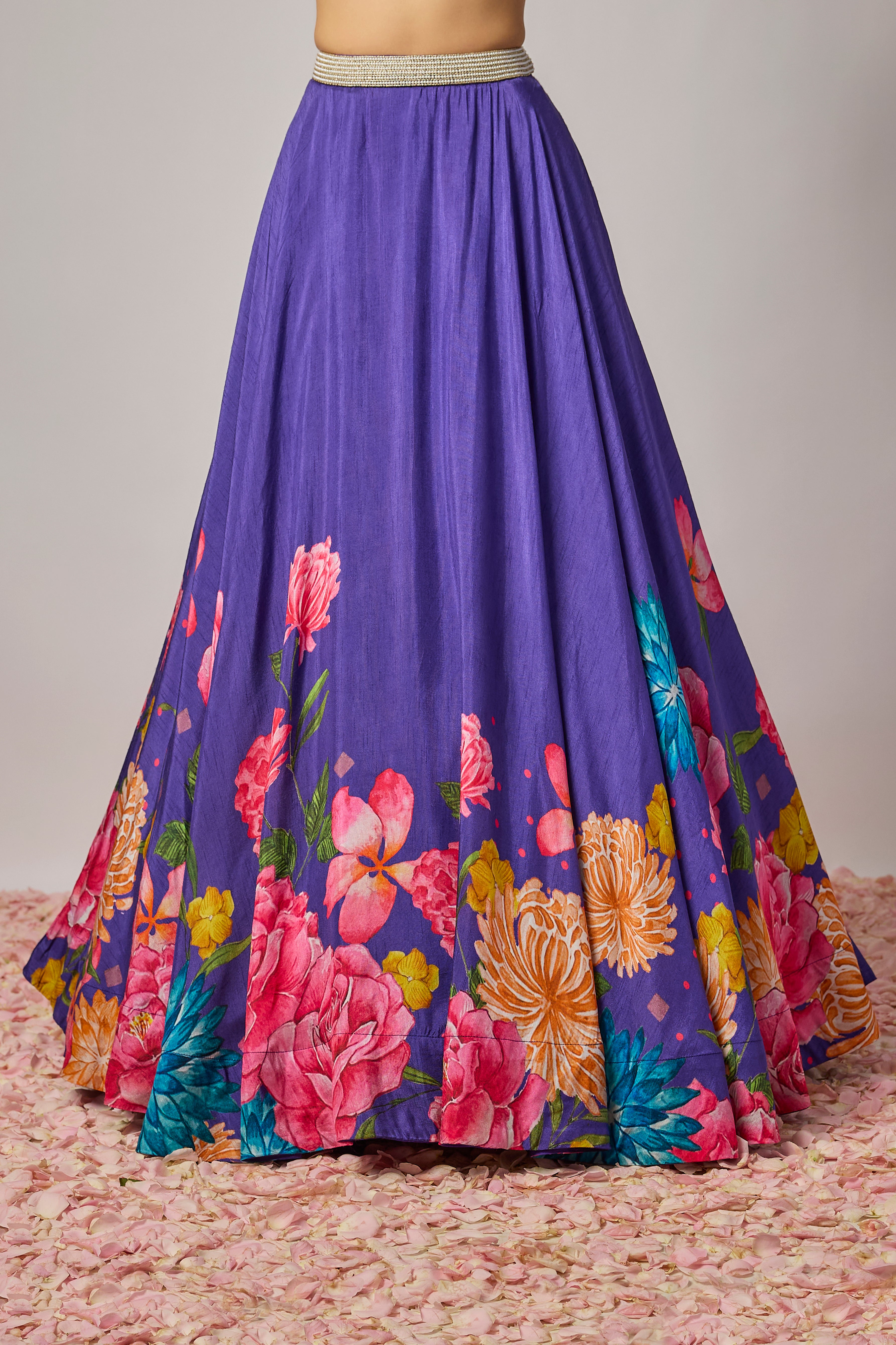 Deep Purple Dola Silk Floral Printed Lehenga Set