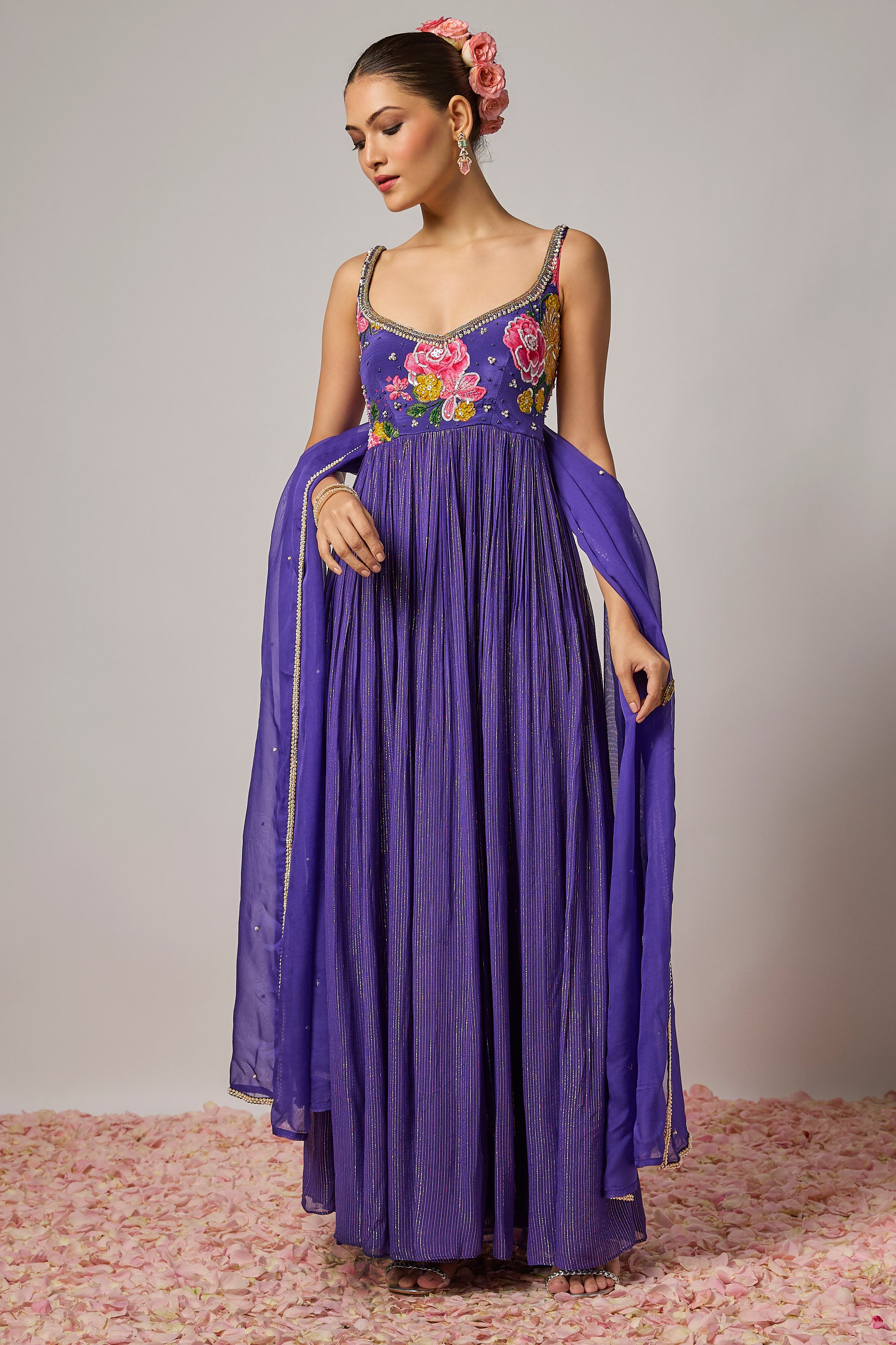 Deep Purple Lurex Georgette Hand-Embroidered Floral Anarkali Set