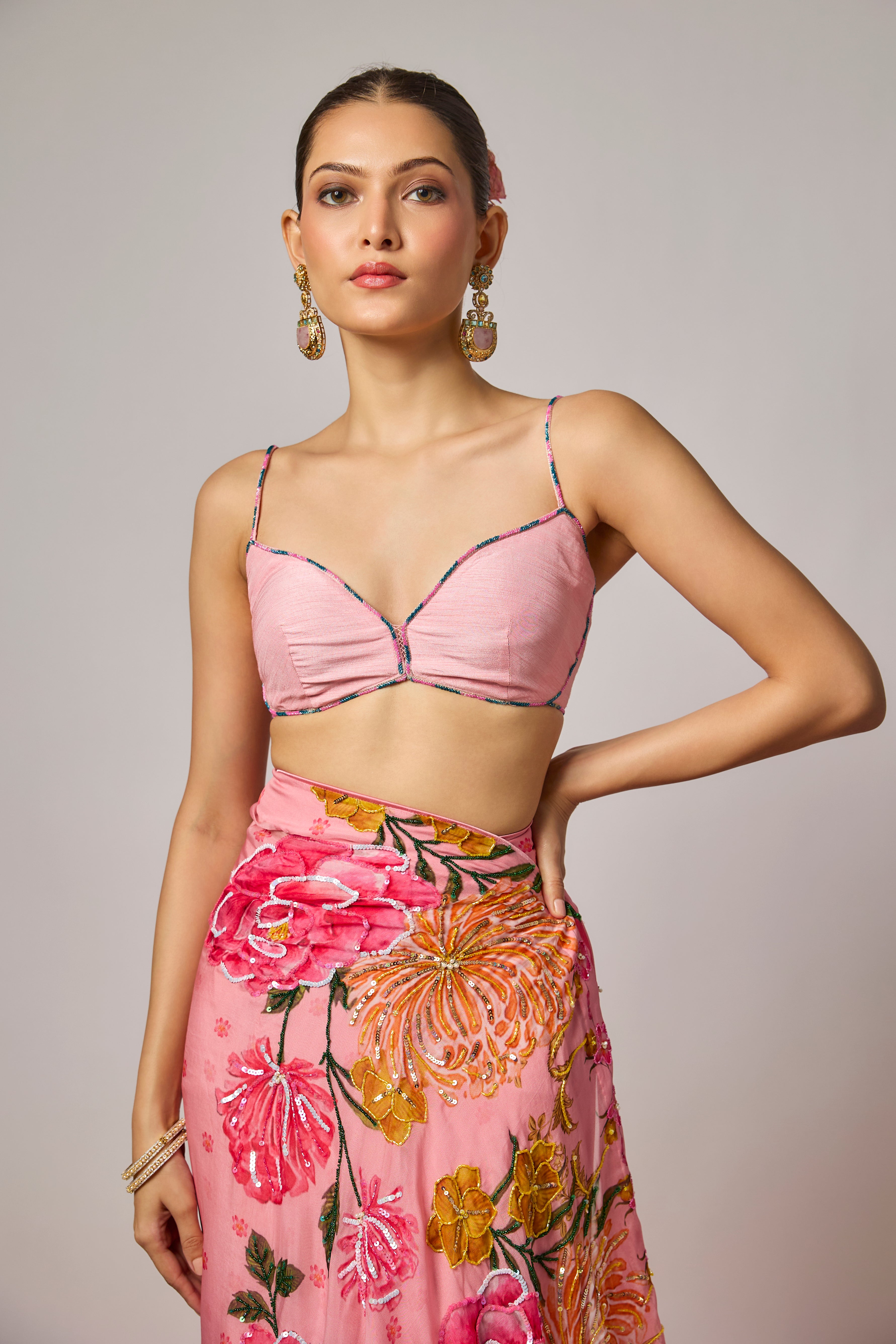 Blush Pink Organza Floral Embroidered Pre-Draped Saree Set