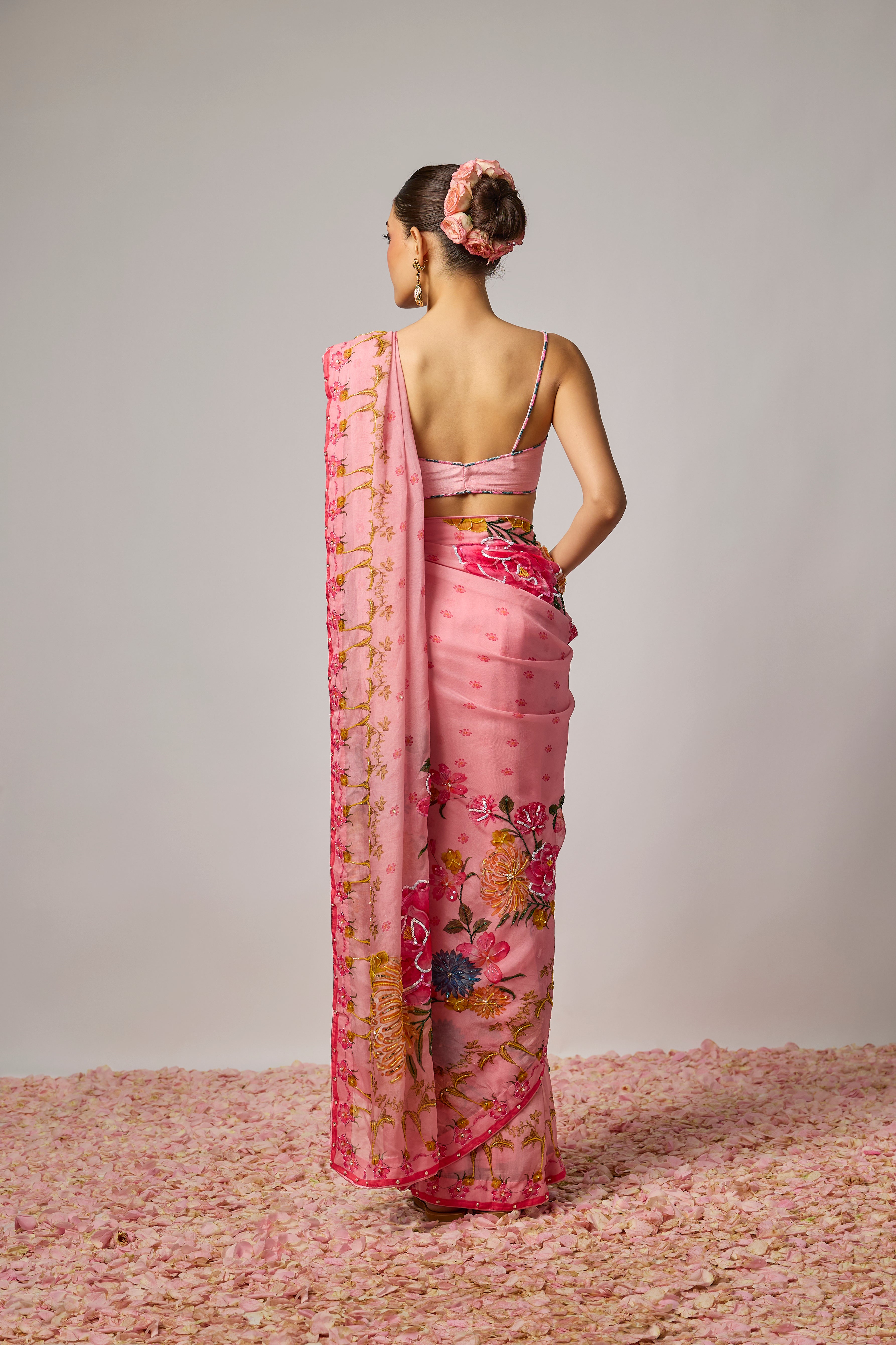 Blush Pink Organza Floral Embroidered Pre-Draped Saree Set