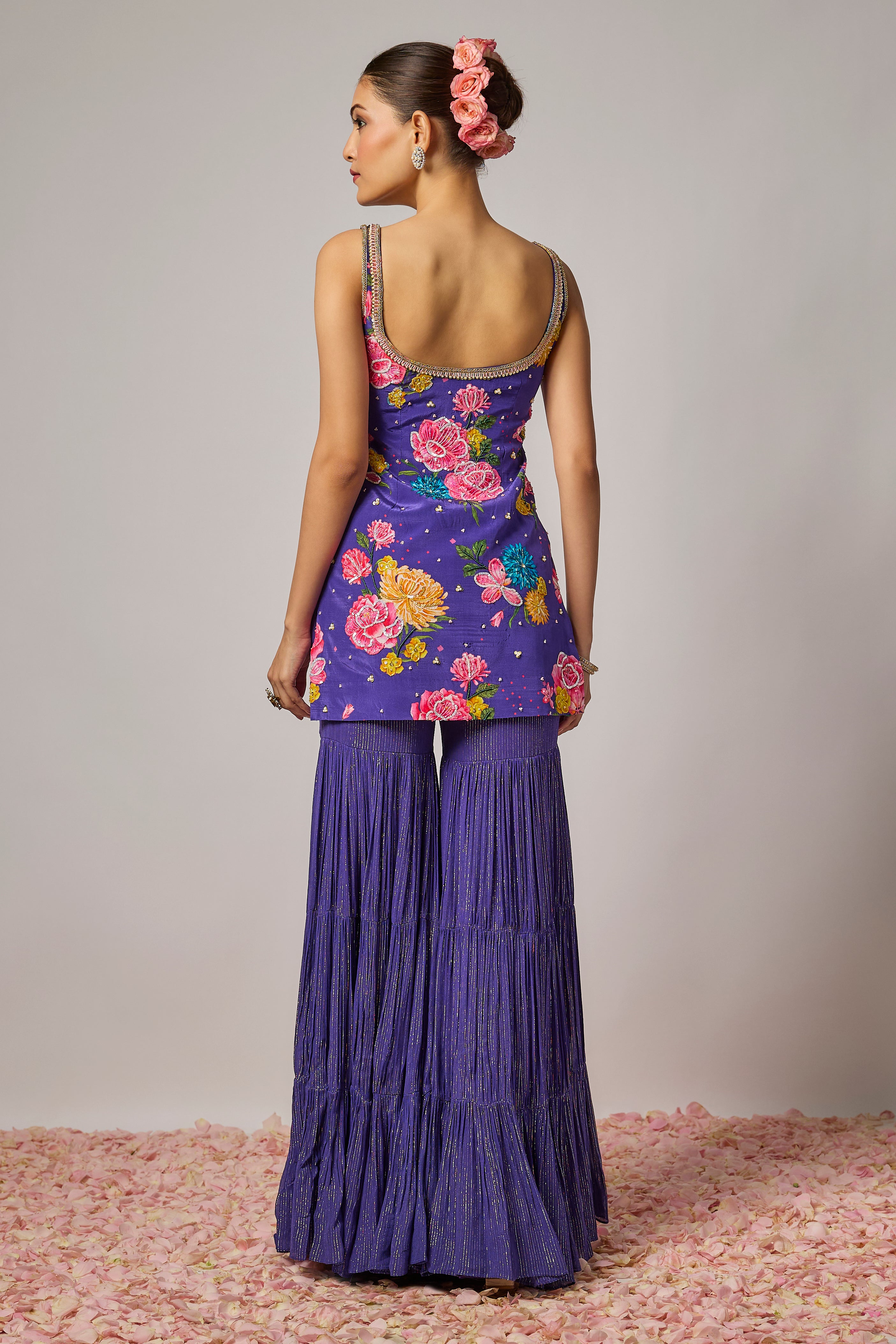Deep Purple Pure Crepe Embroidered Floral Sharara Set