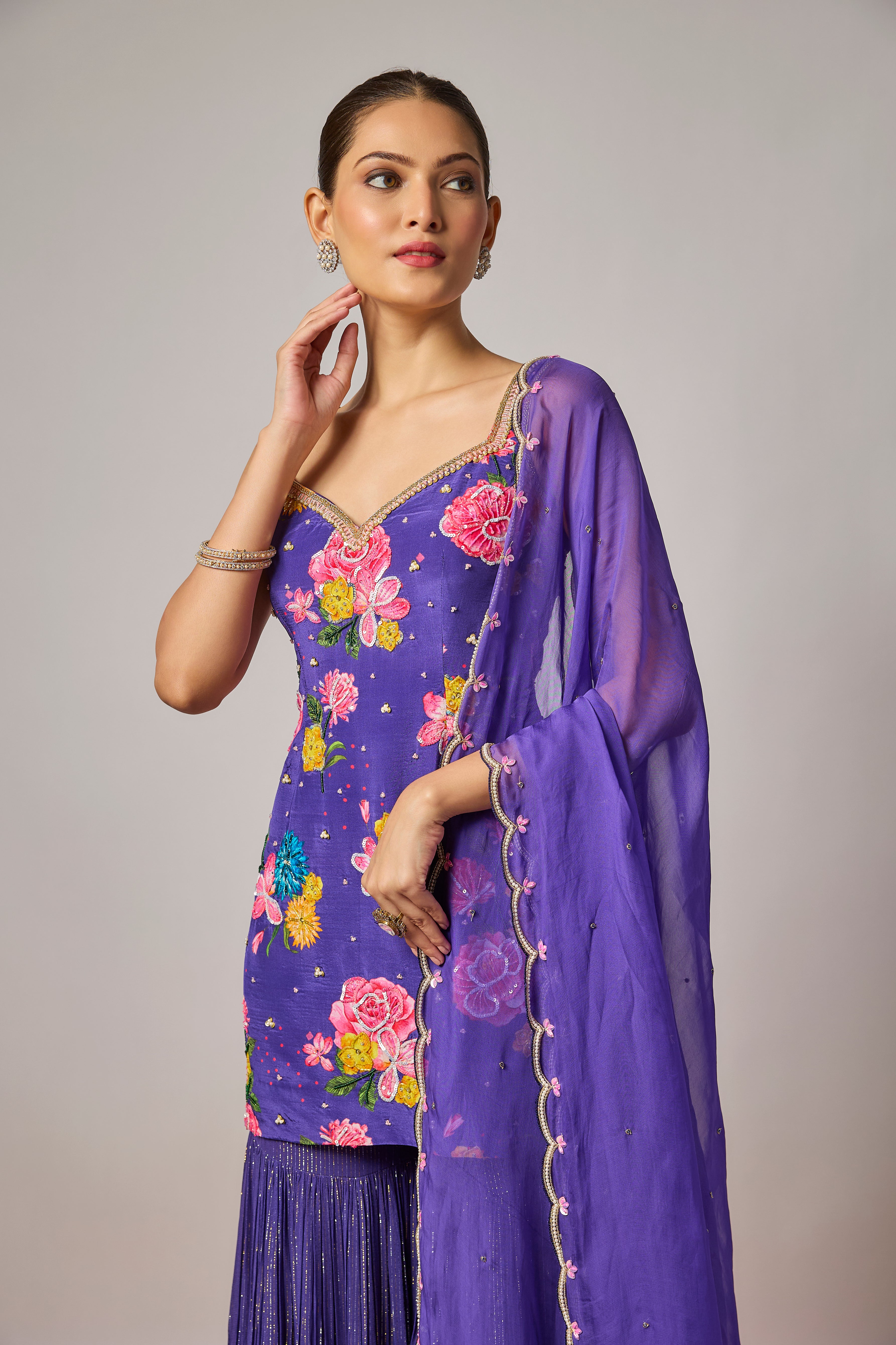 Deep Purple Pure Crepe Embroidered Floral Sharara Set