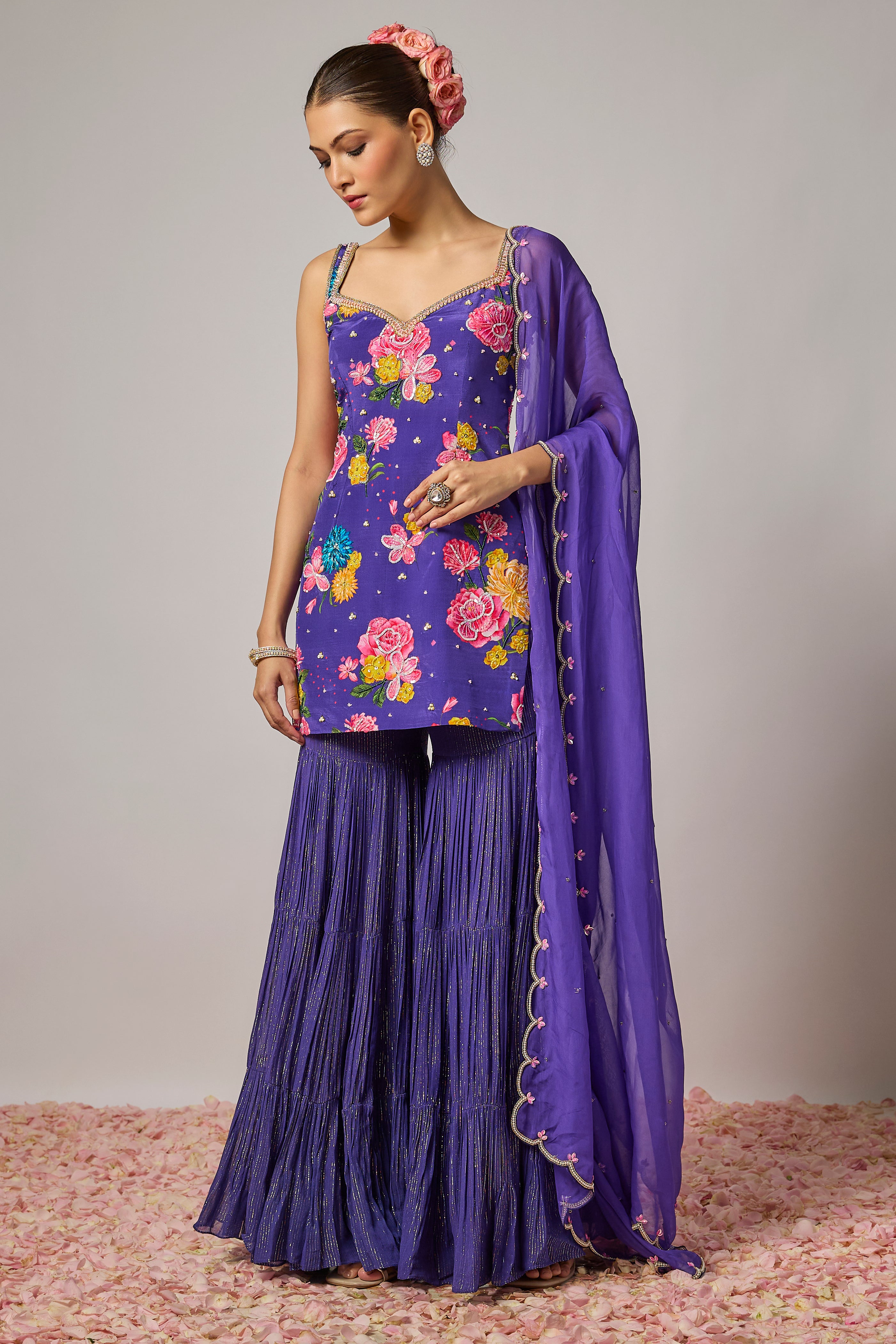 Deep Purple Pure Crepe Embroidered Floral Sharara Set