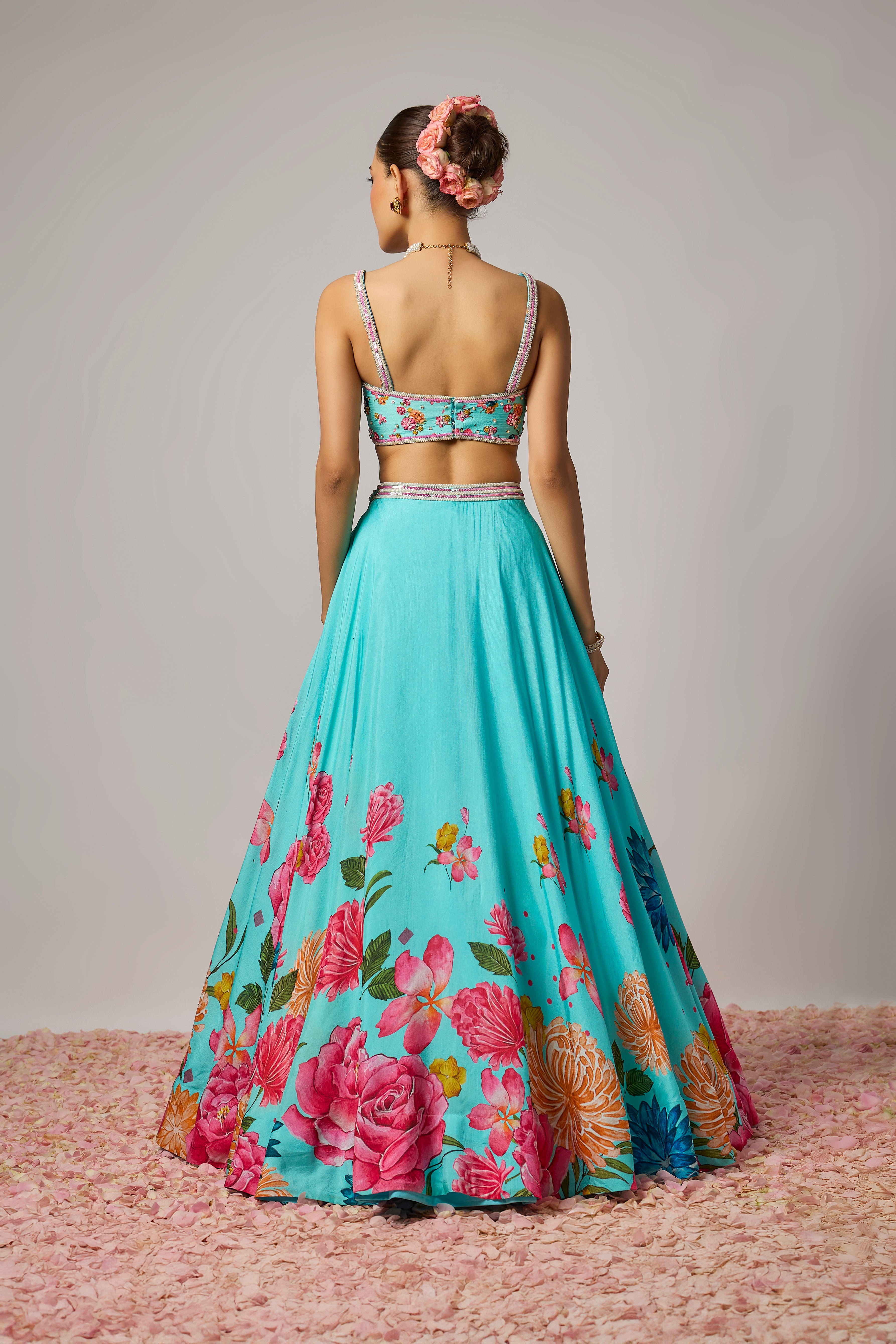 Aqua Blue Dola Silk Floral Printed Lehenga Set