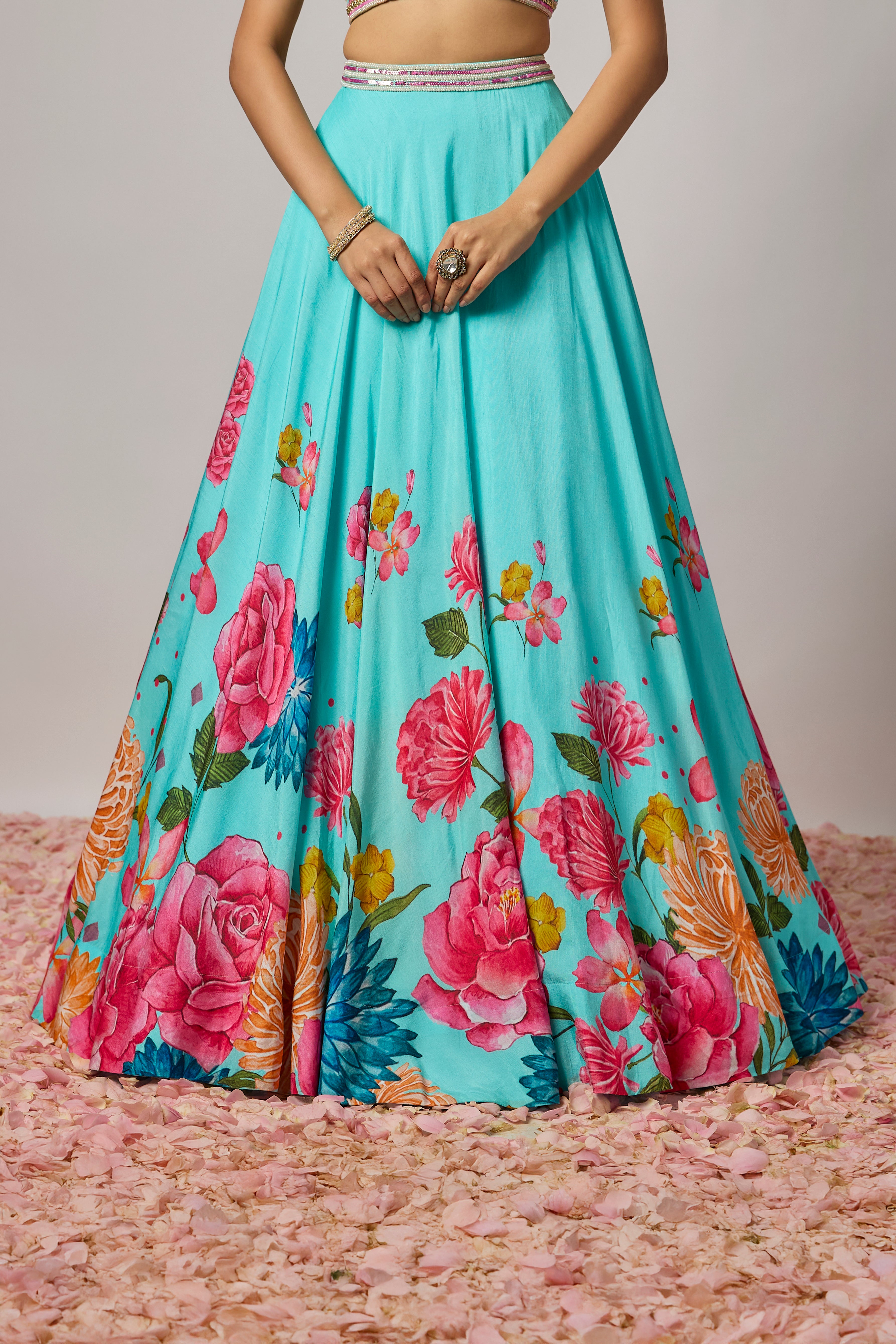 Aqua Blue Dola Silk Floral Printed Lehenga Set