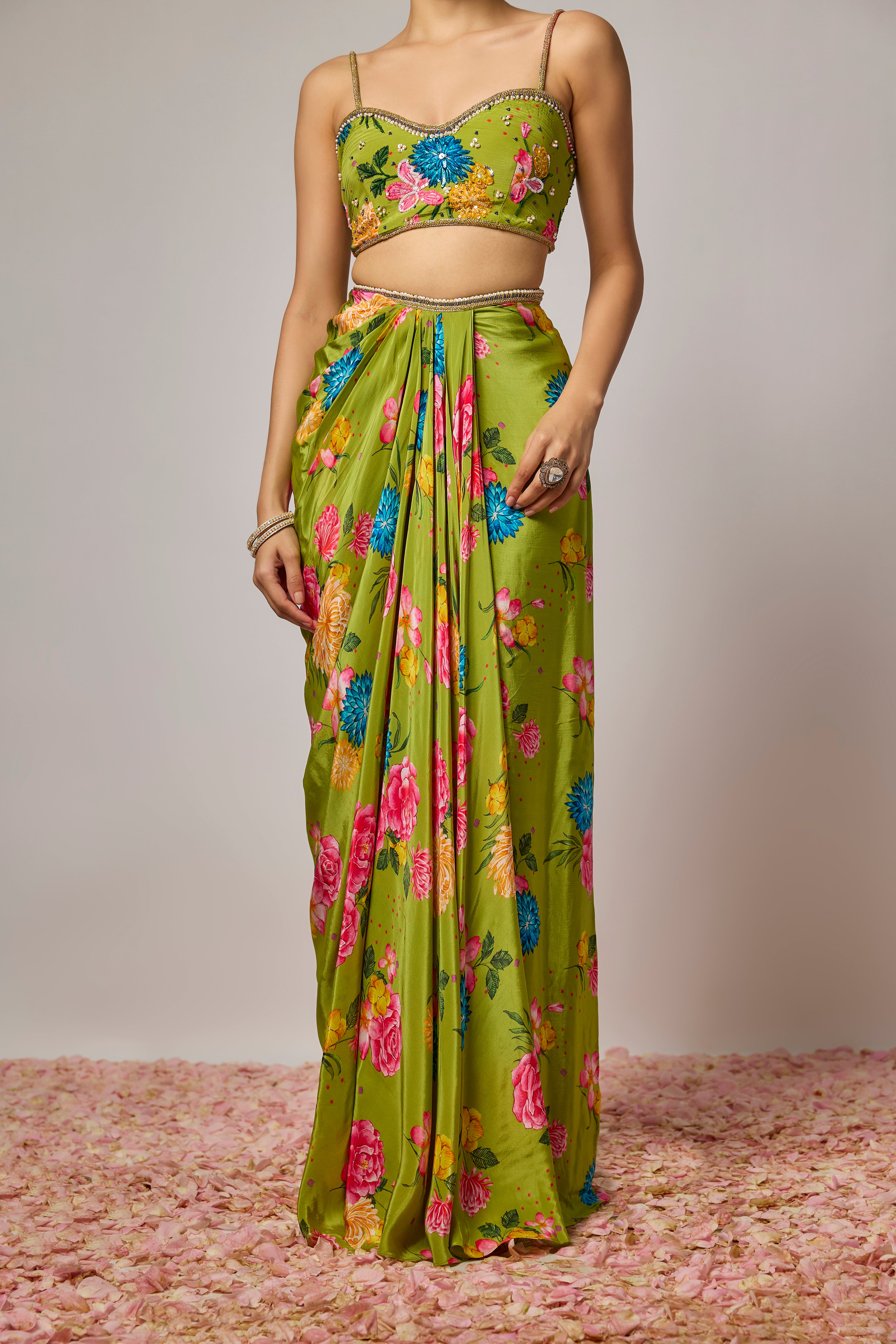 Mehendi Green Pure Crepe Floral Draped Dhoti Set