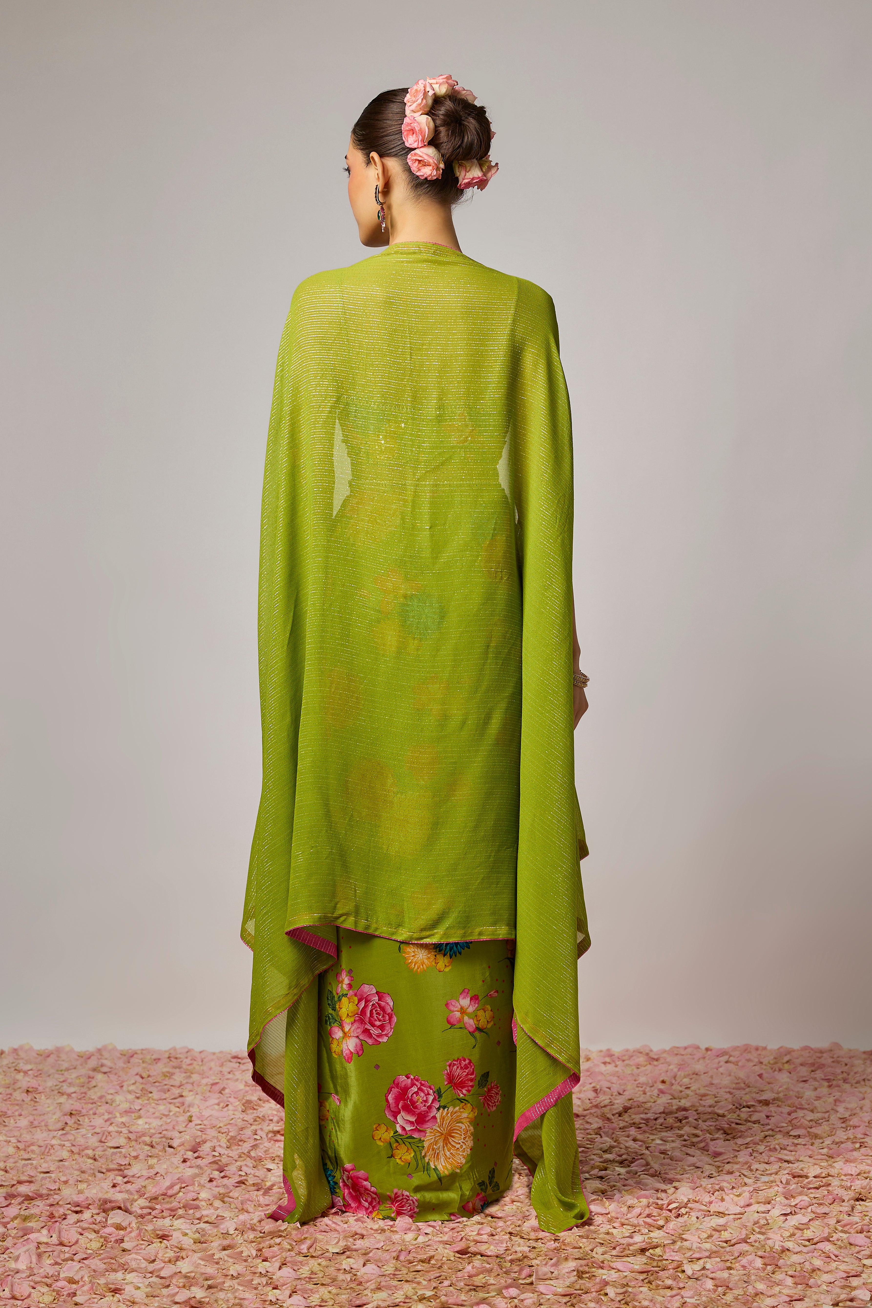 Mehendi Green Pure Crepe Floral Draped Dhoti Set
