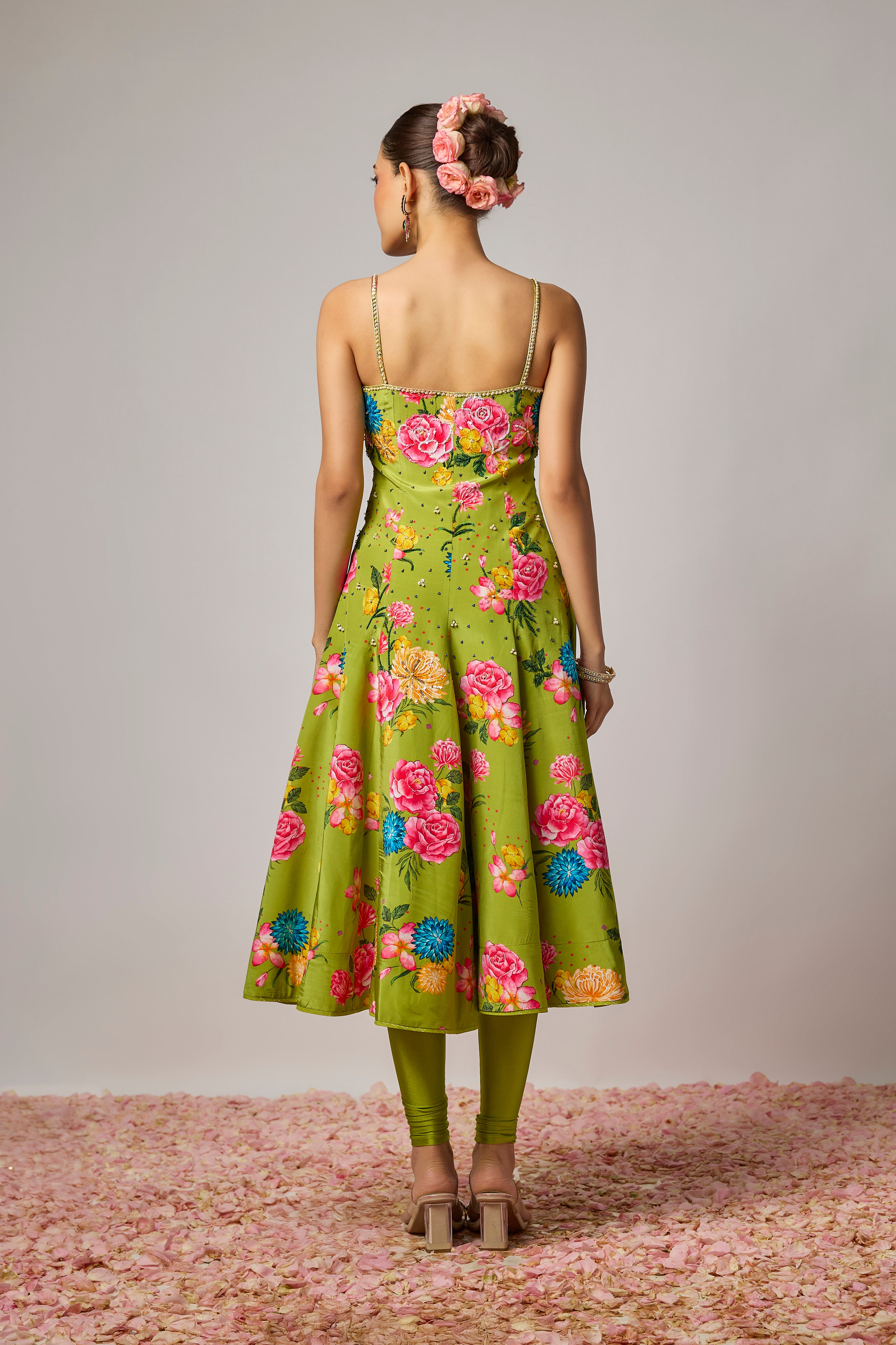 Mehendi Green Pure Crepe Floral Embroidered Anarkali Set