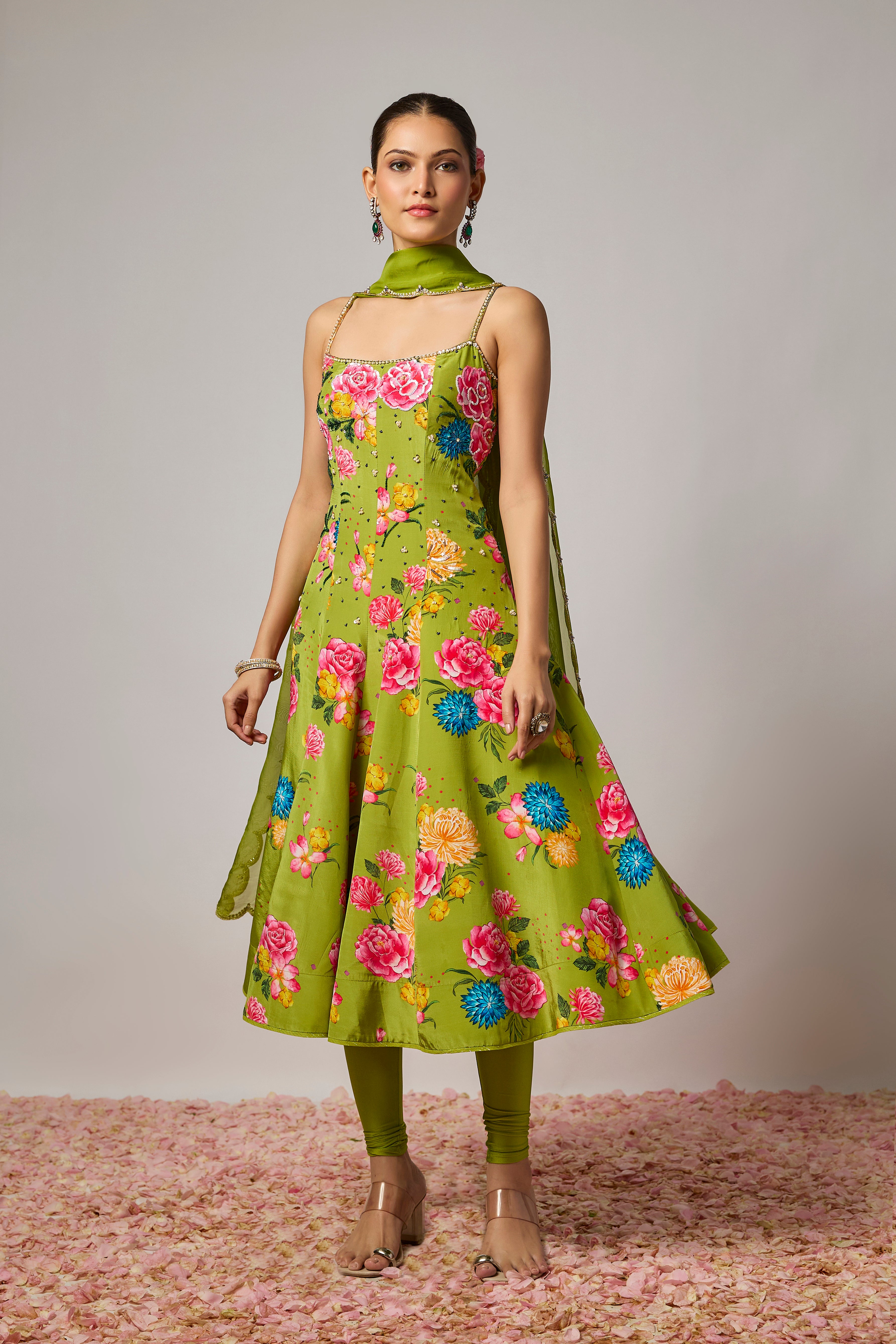 Mehendi Green Pure Crepe Floral Embroidered Anarkali Set