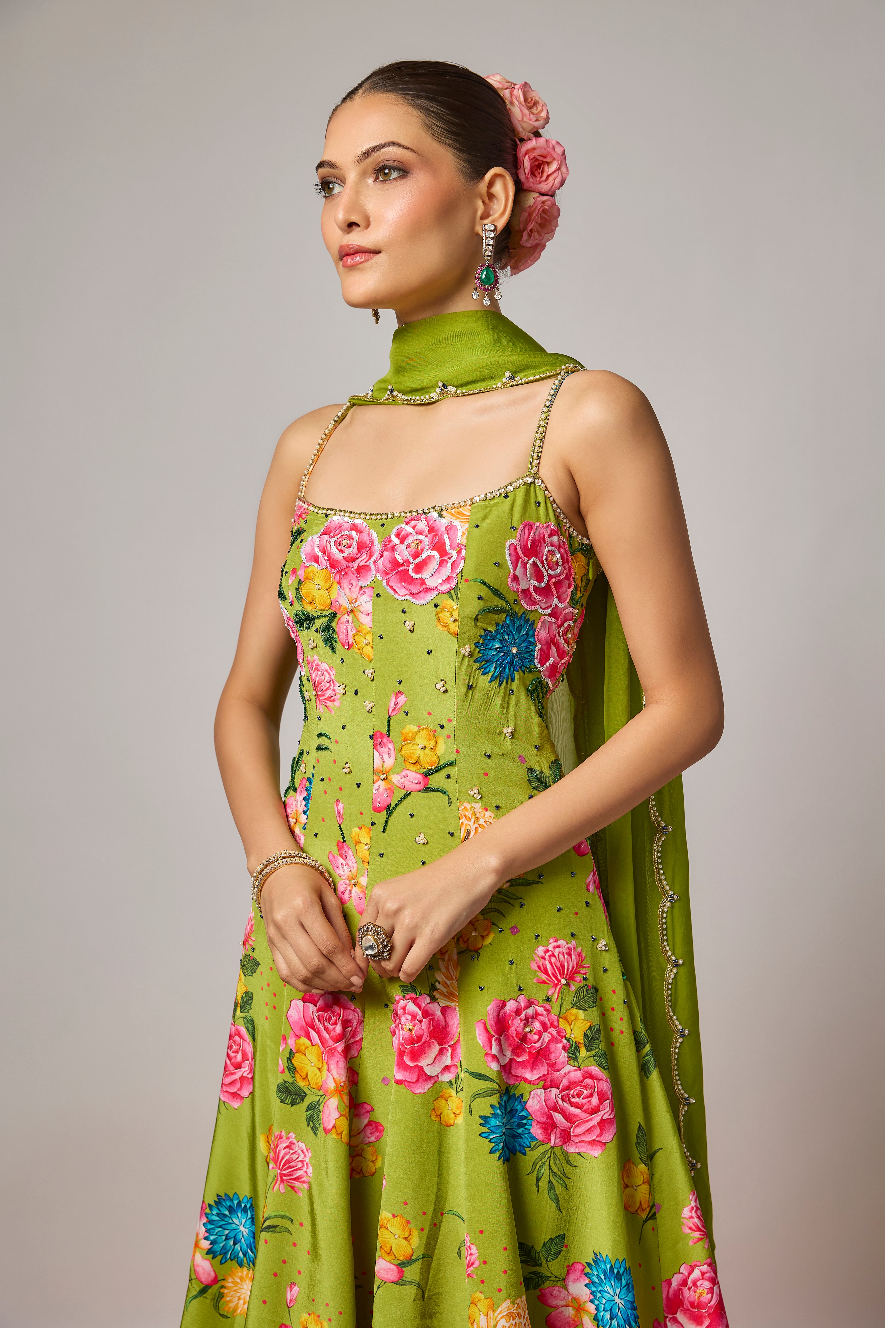 Mehendi Green Pure Crepe Floral Embroidered Anarkali Set