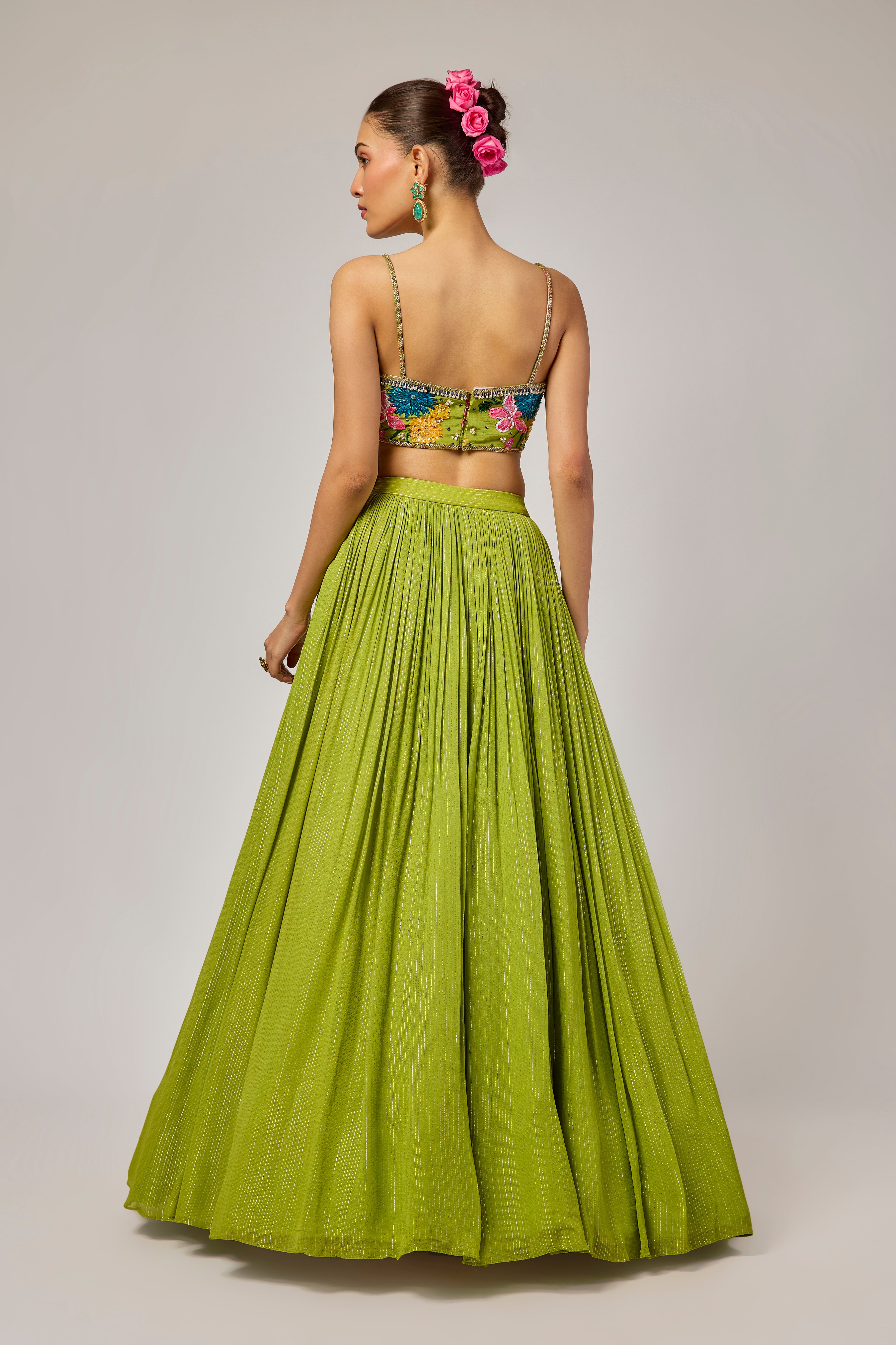 Mehendi Green Hand-Embroidered Floral Lehenga Set