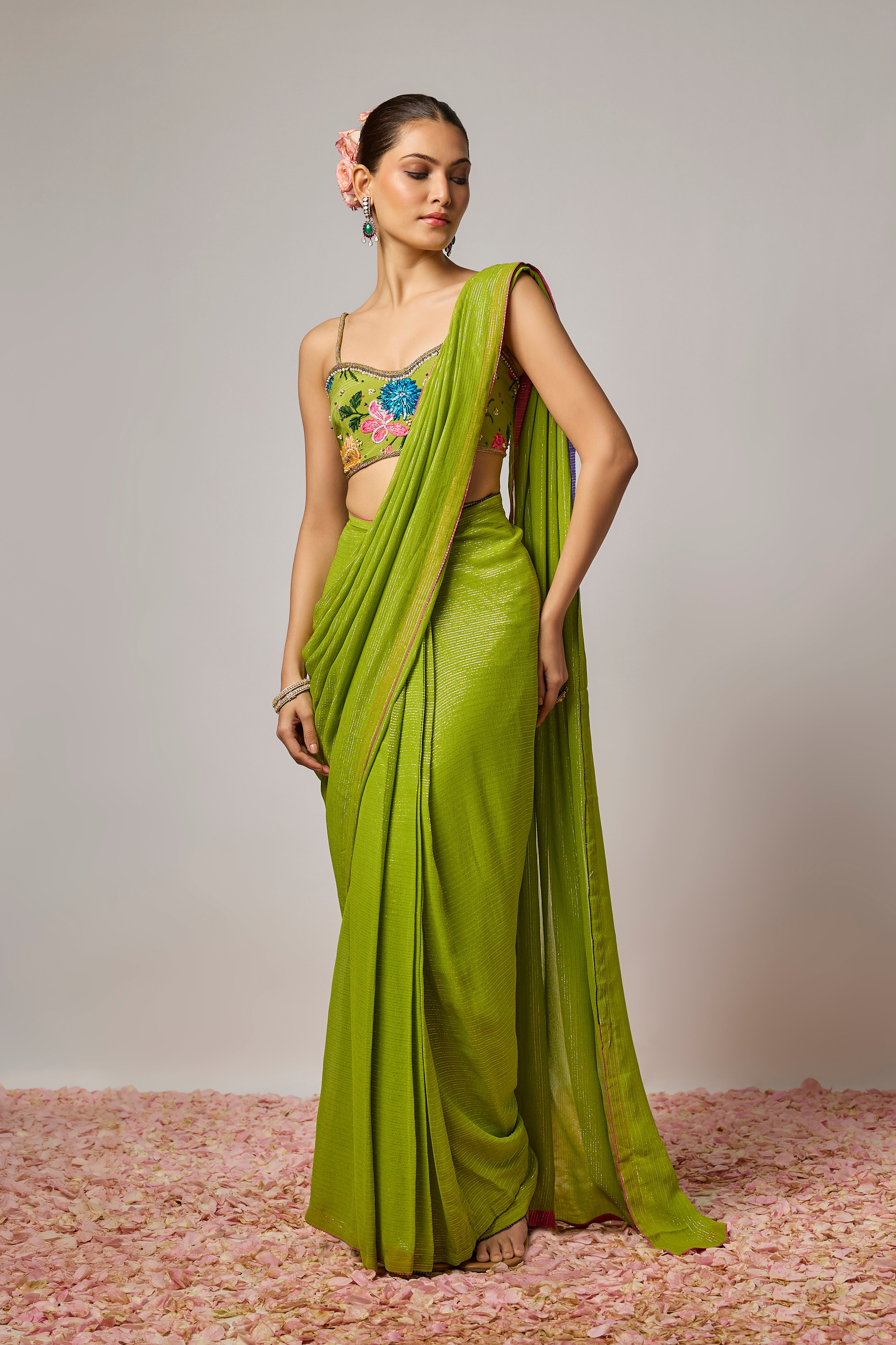 Mehendi Green Lurex Georgette Pre-Draped Saree Set With Embroidered Blouse