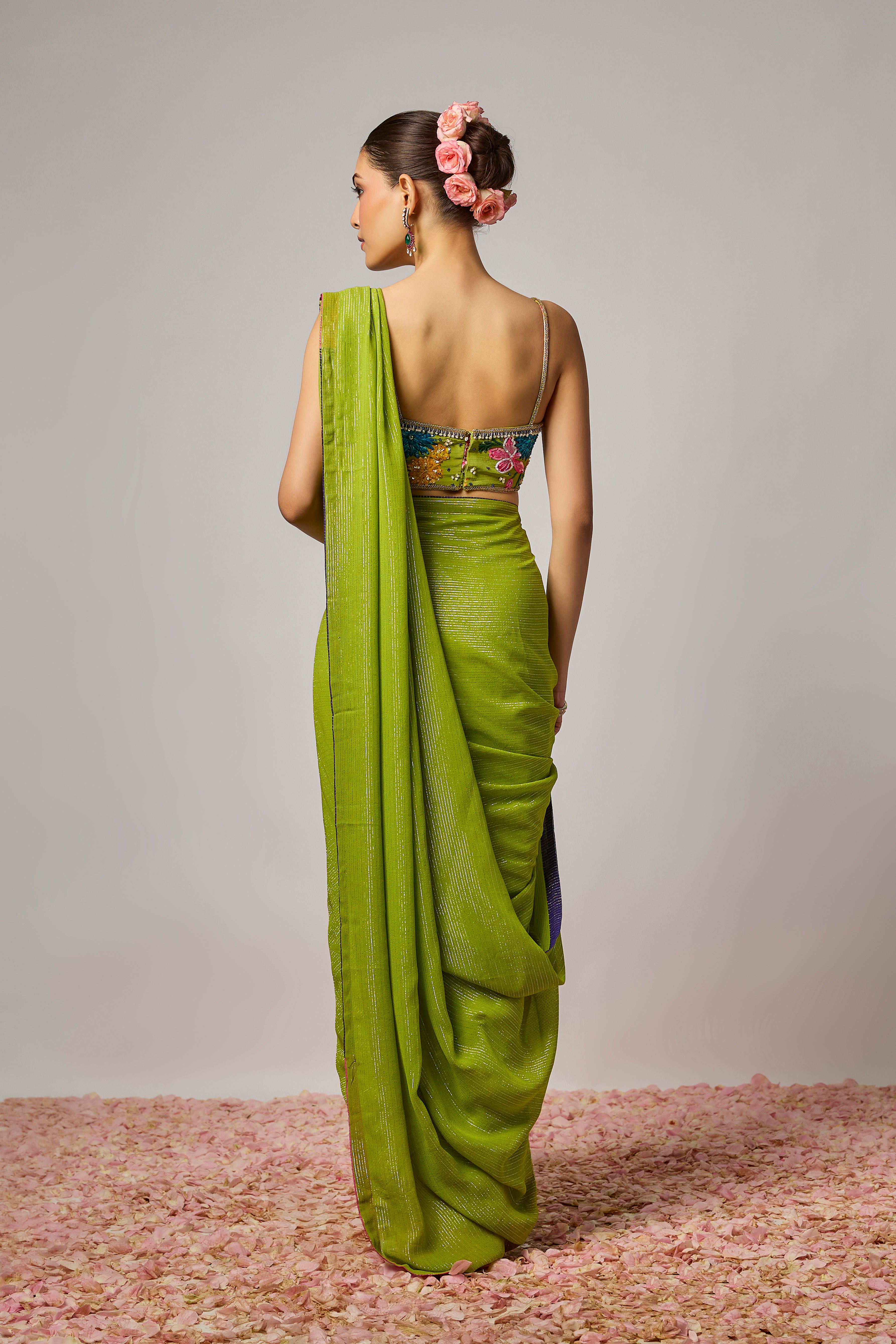 Mehendi Green Lurex Georgette Pre-Draped Saree Set With Embroidered Blouse