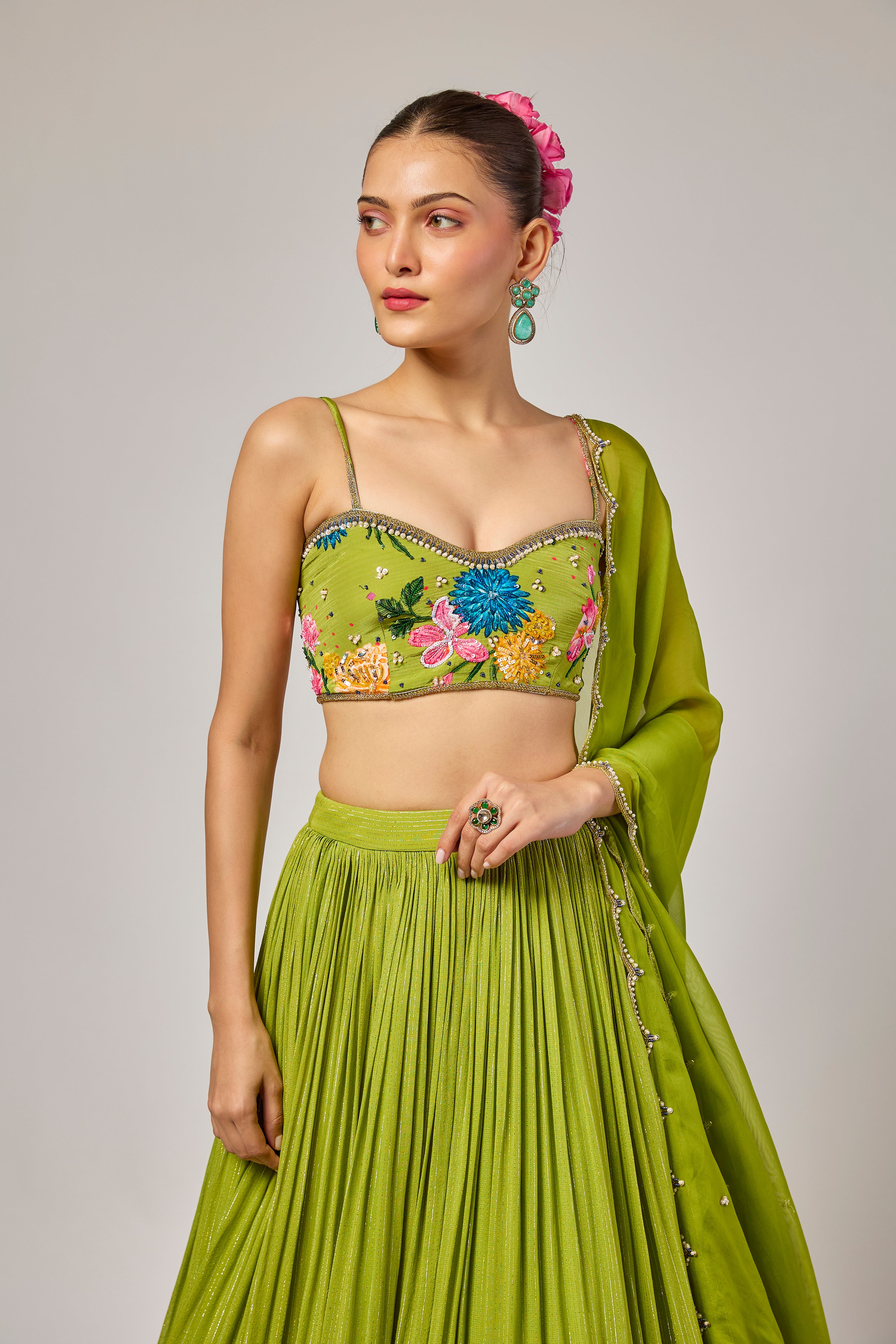 Mehendi Green Hand-Embroidered Floral Lehenga Set