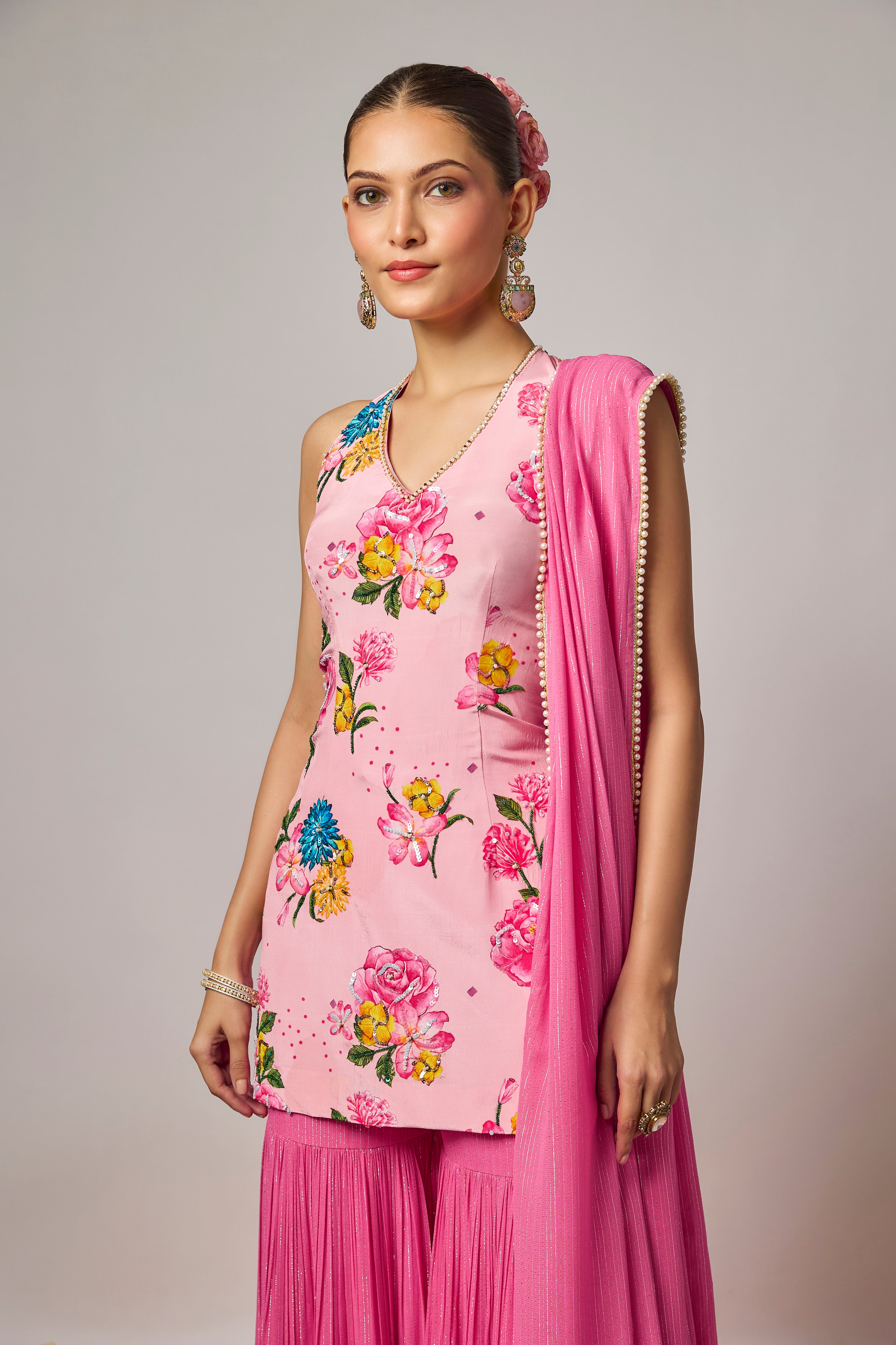 Blush Pink Pure Crepe Floral Printed Embroidered Sharara Set