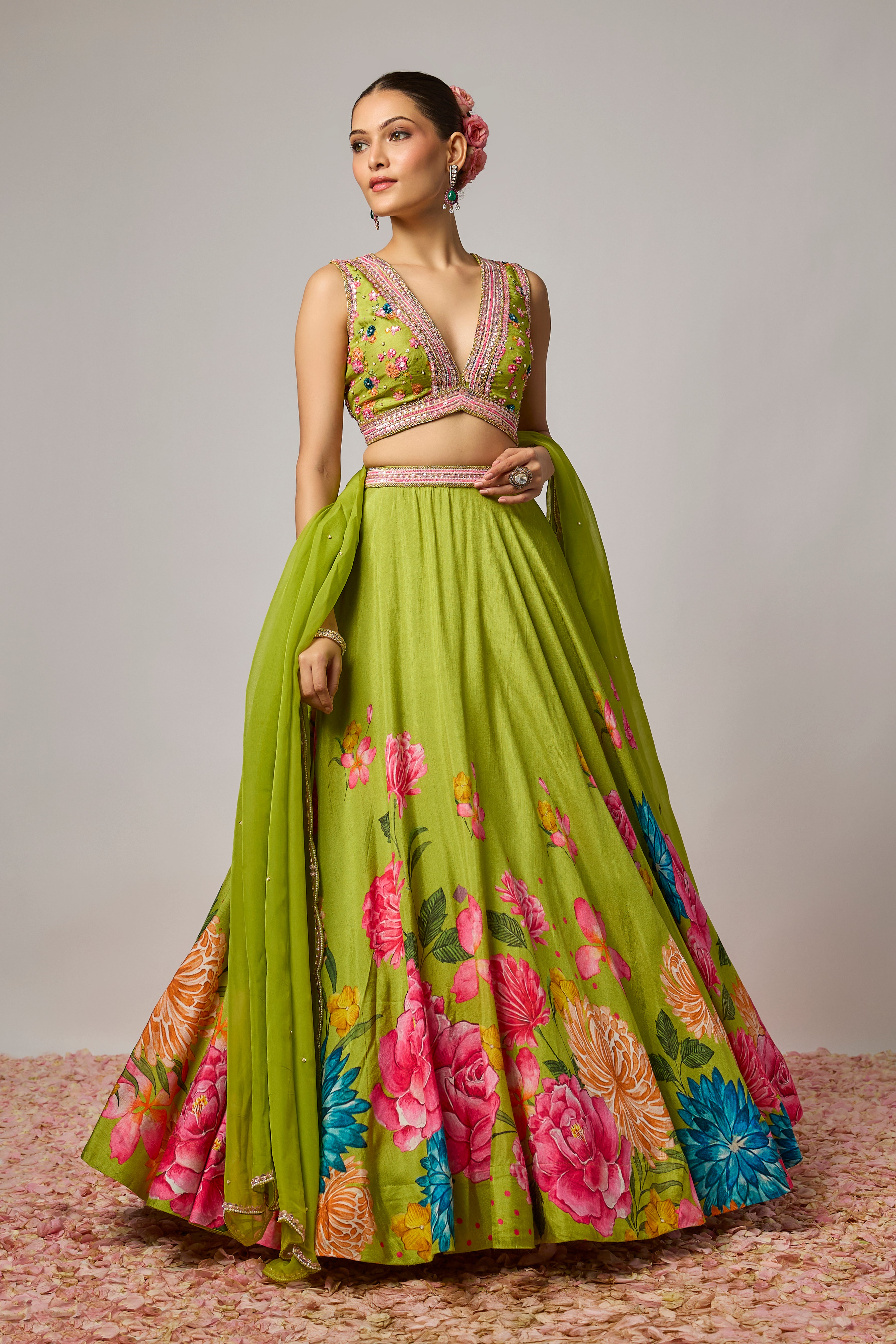 Mehendi Green Dola Silk Floral Printed Lehenga Set