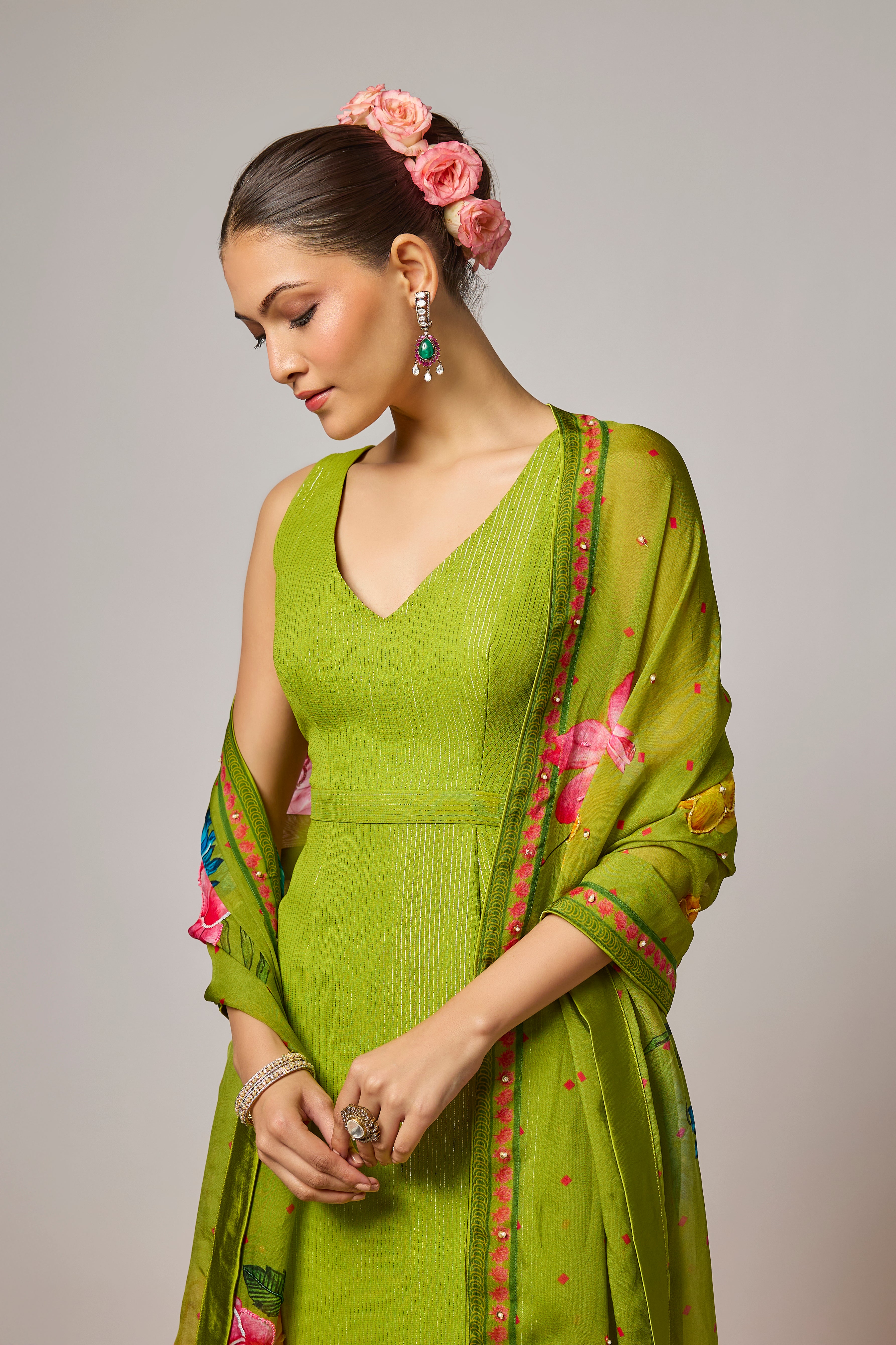 Mehendi Green Embroidered Floral Kurta Set