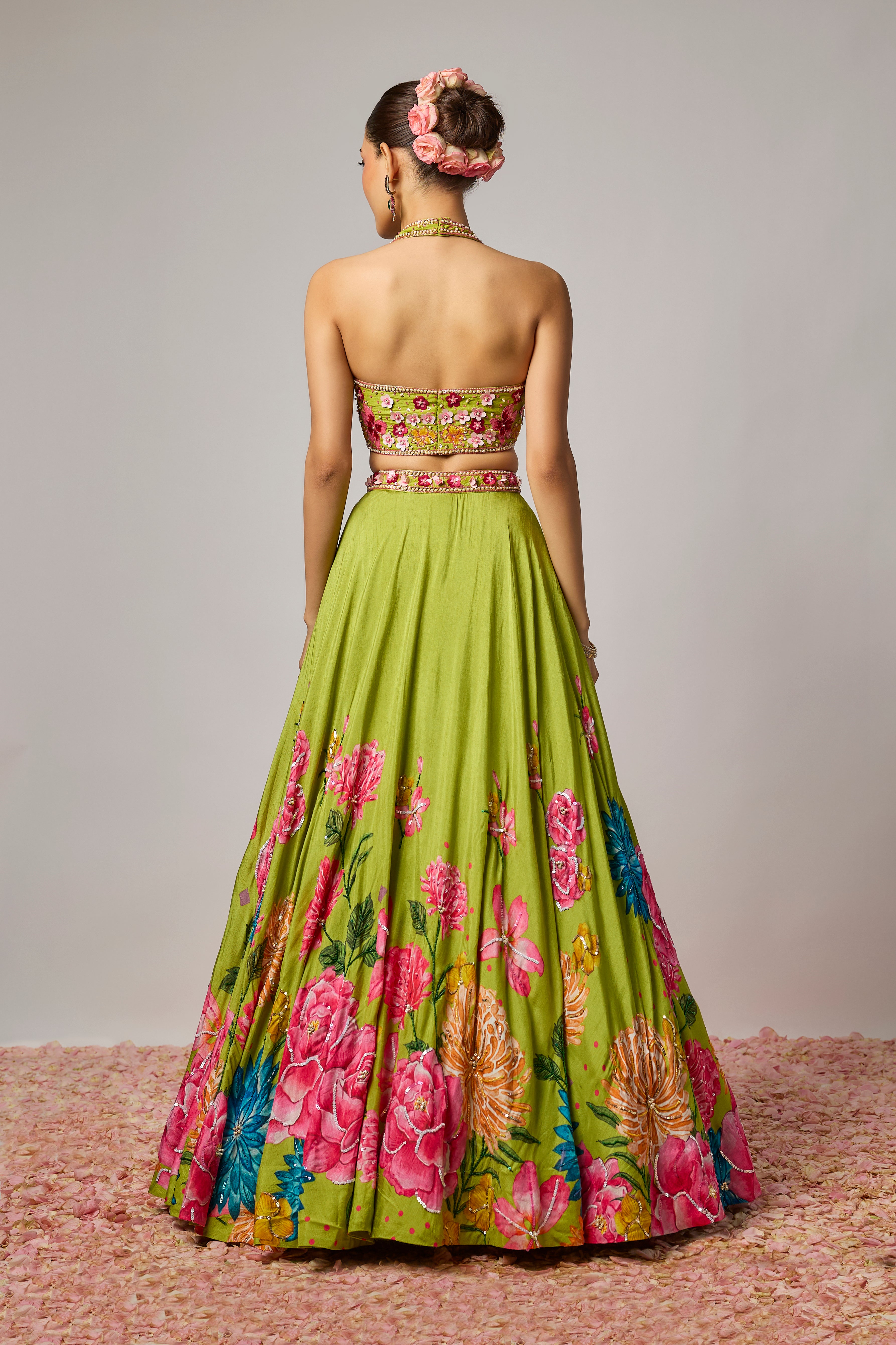 Mehendi Green Dola Silk Embroidered Floral Lehenga Set
