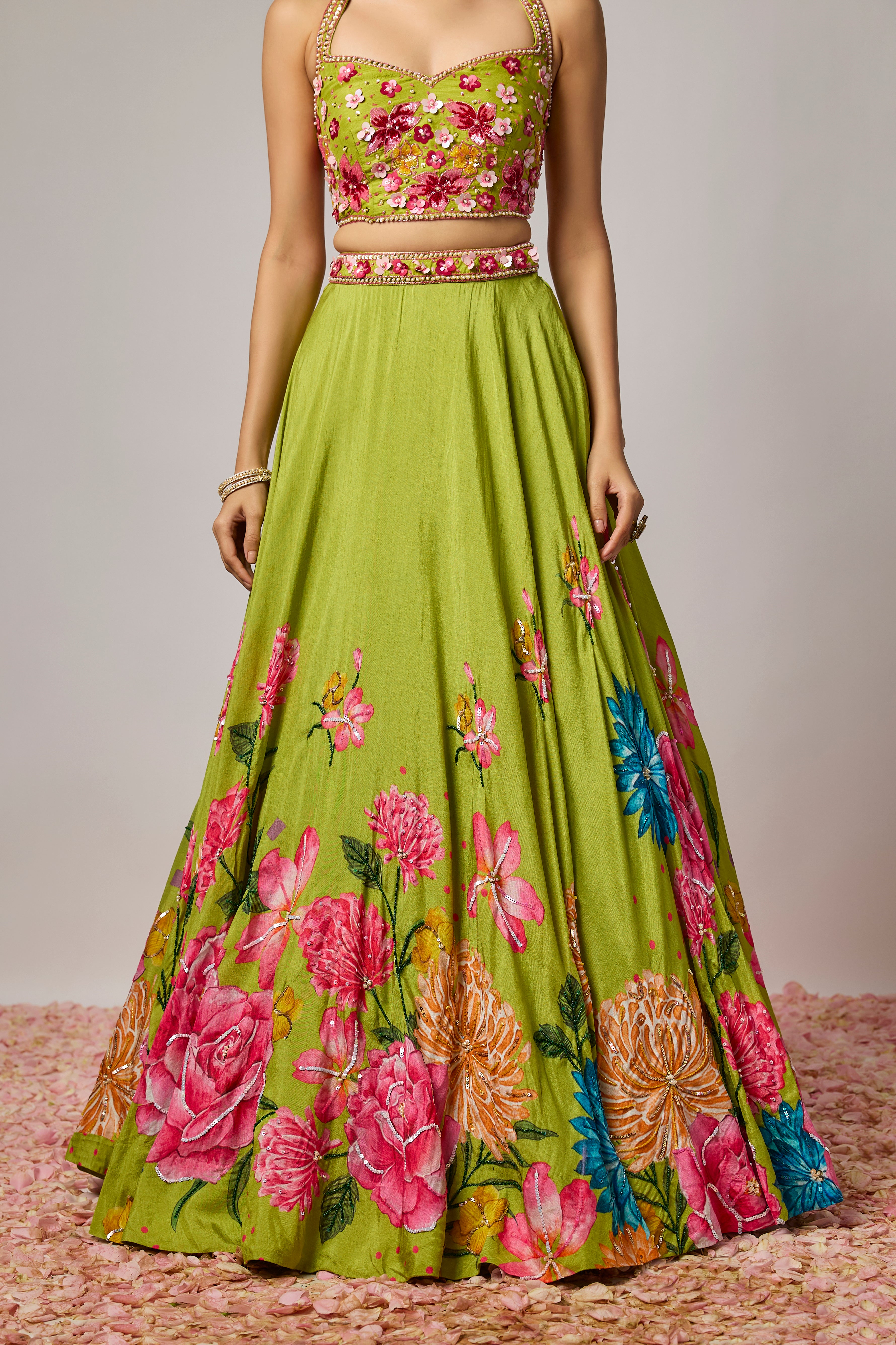 Mehendi Green Dola Silk Embroidered Floral Lehenga Set