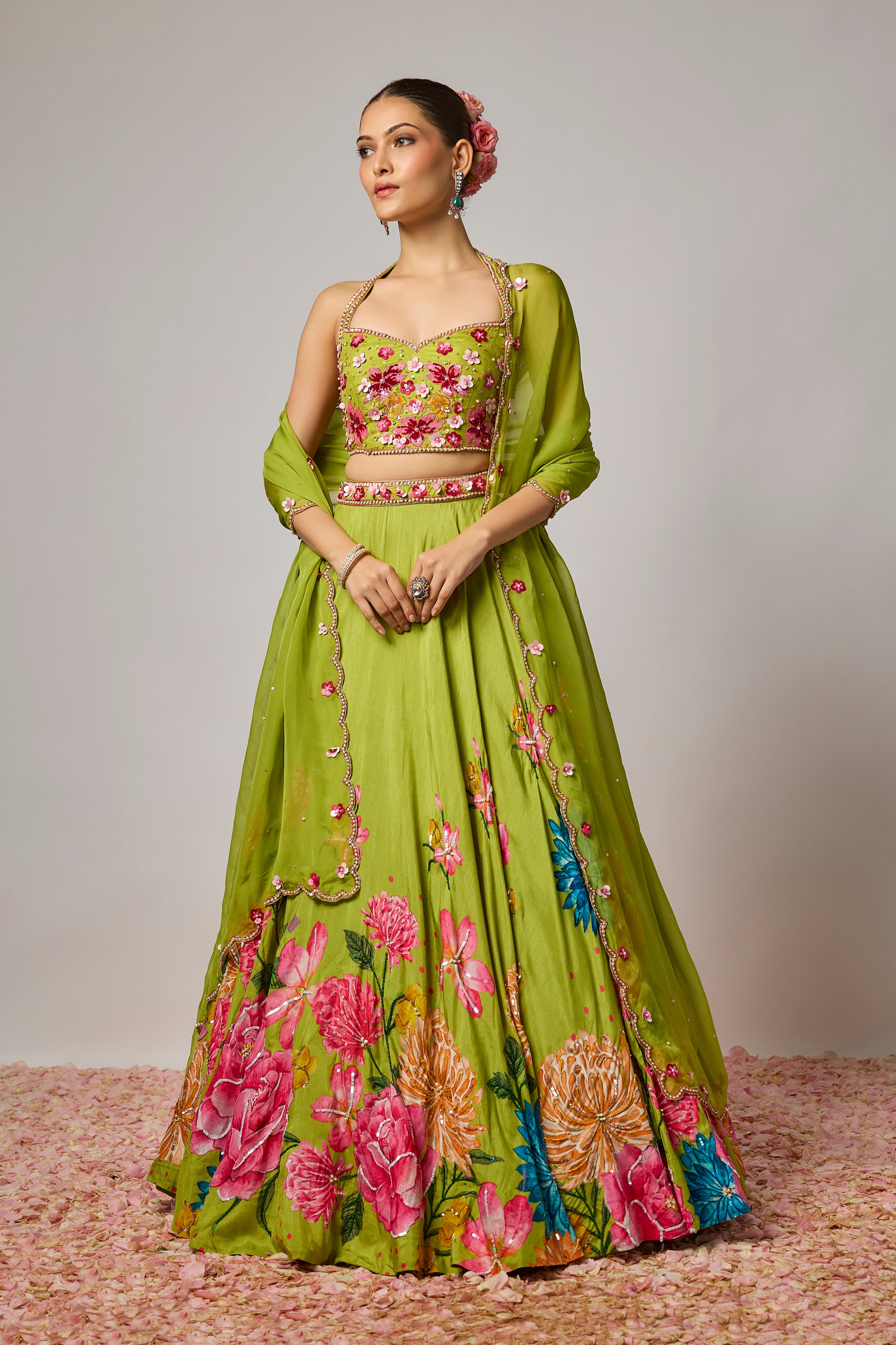 Mehendi Green Dola Silk Embroidered Floral Lehenga Set