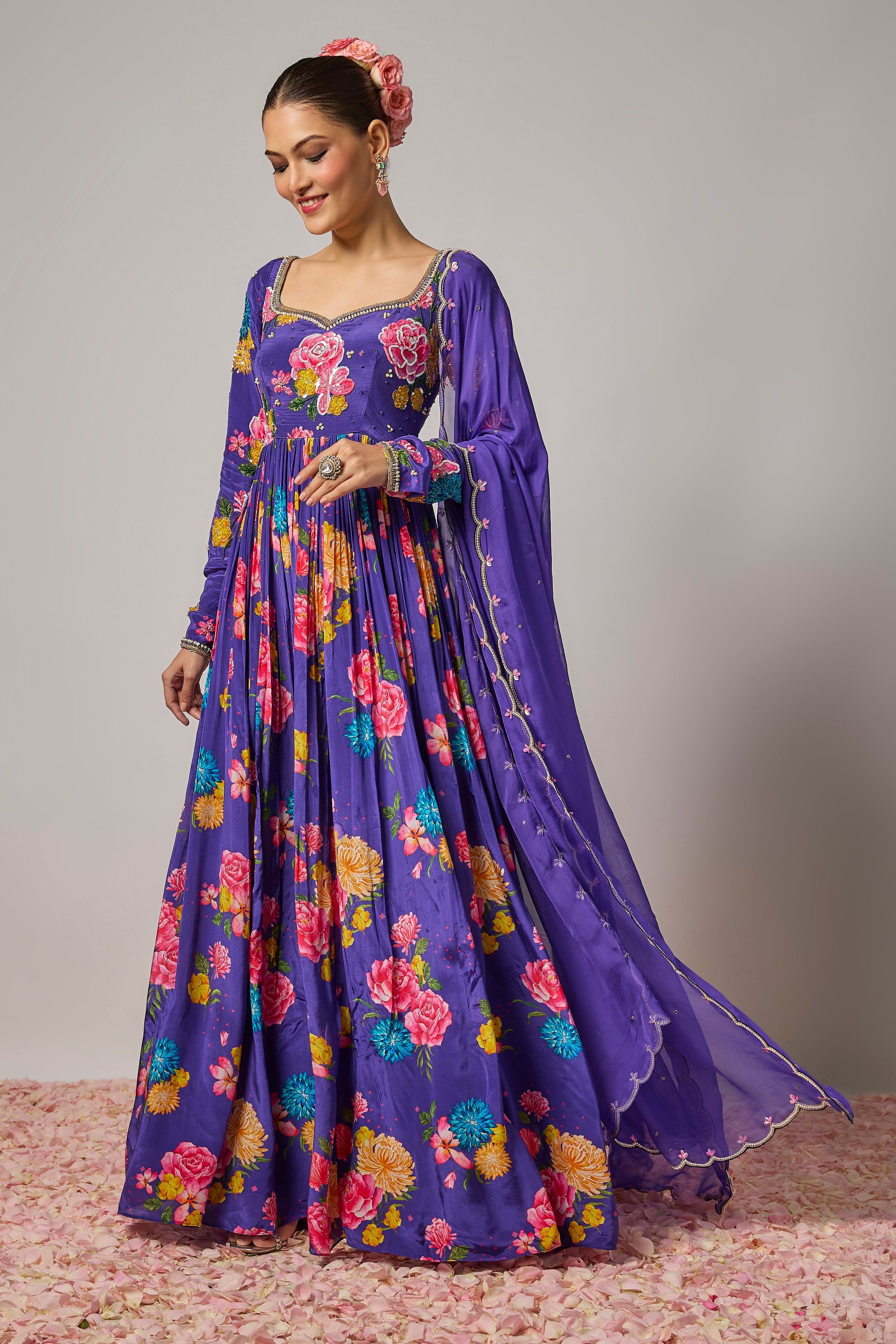Deep Purple Pure Crepe Embroidered Floral Anarkali Set