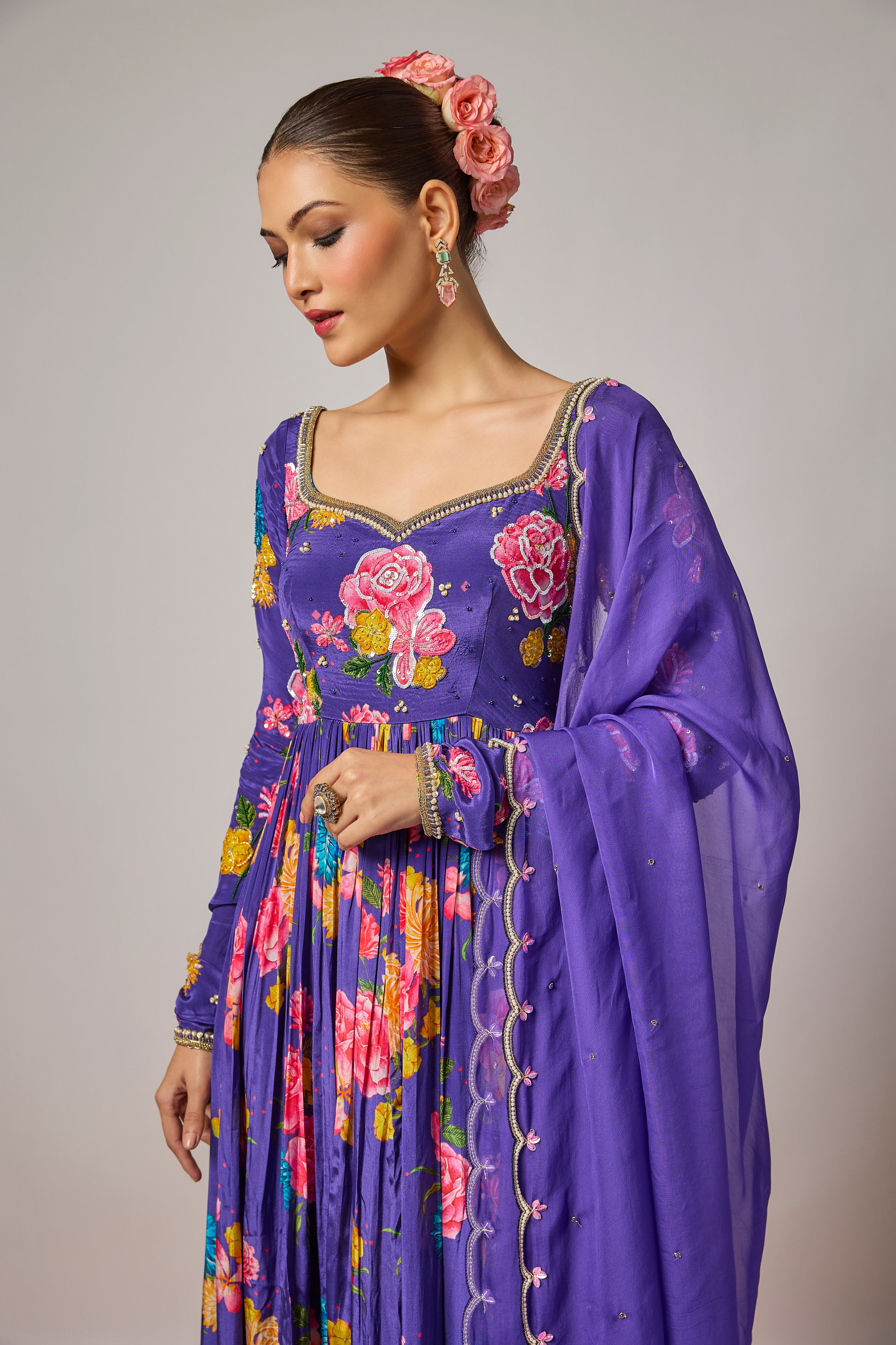 Deep Purple Pure Crepe Embroidered Floral Anarkali Set
