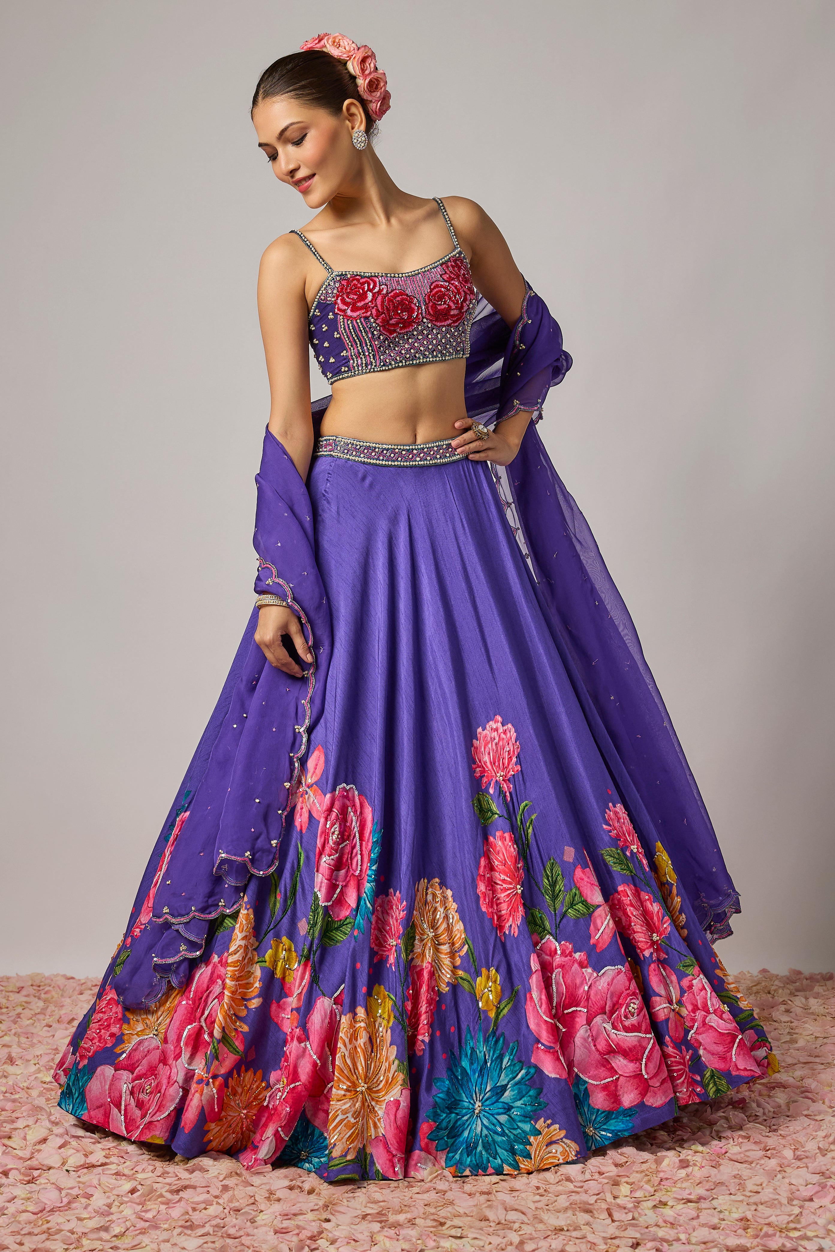 Deep Purple Dola Silk Embroidered Floral Lehenga Set