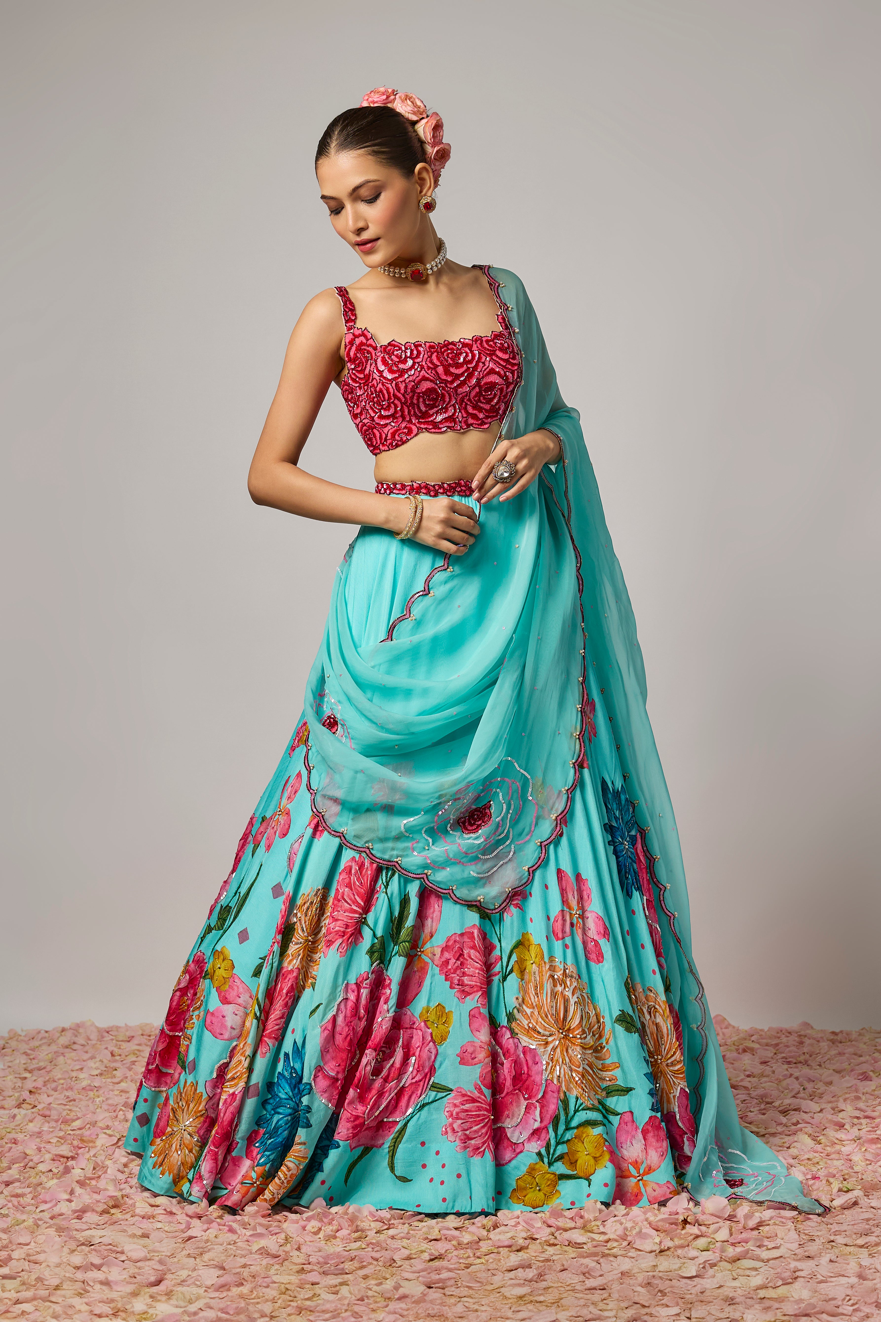 Raspberry Pink Silk Hand-Embroidered Sequin Floral Blouse