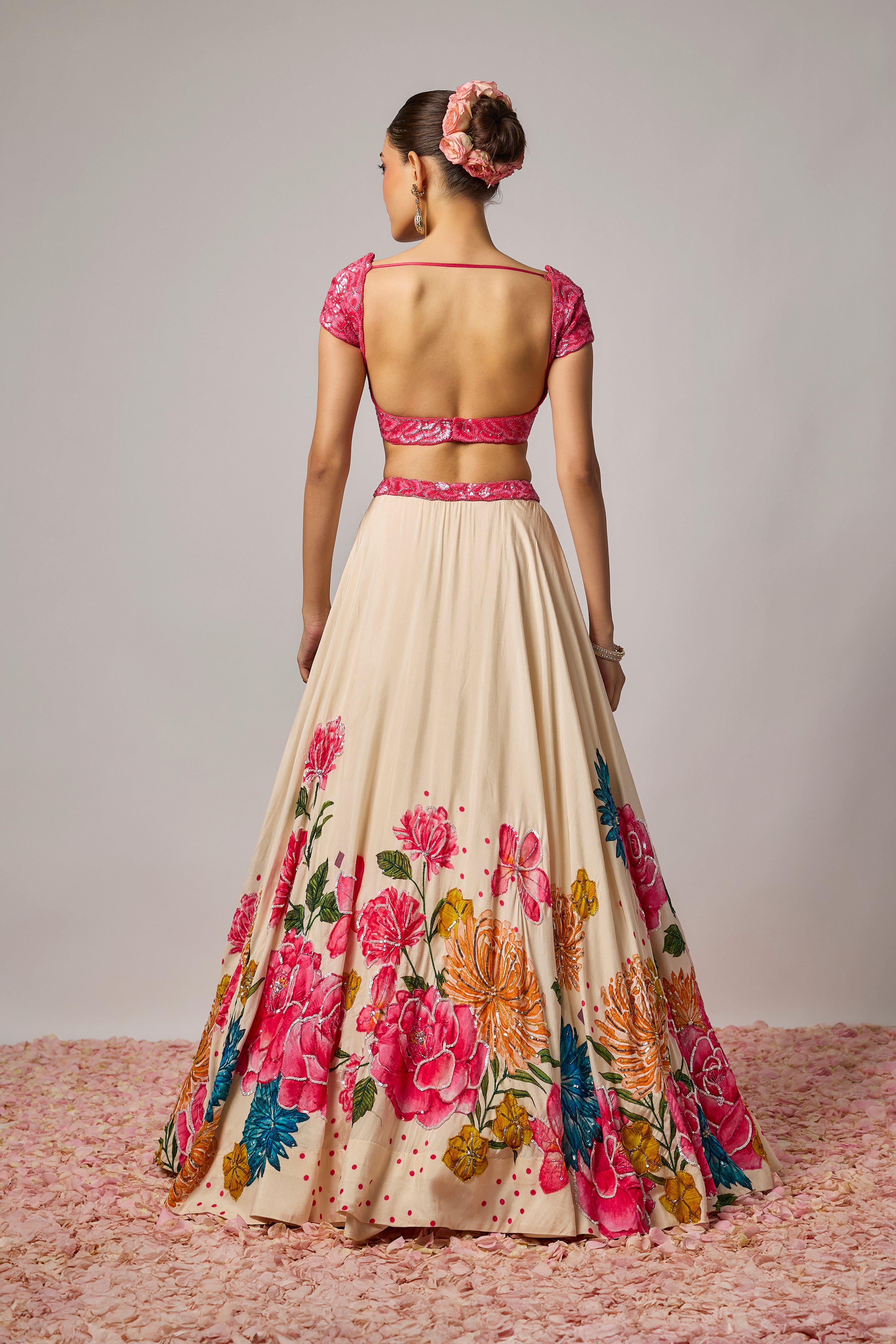 Deep Rose Pink Silk Sequin Embroidered Floral Blouse