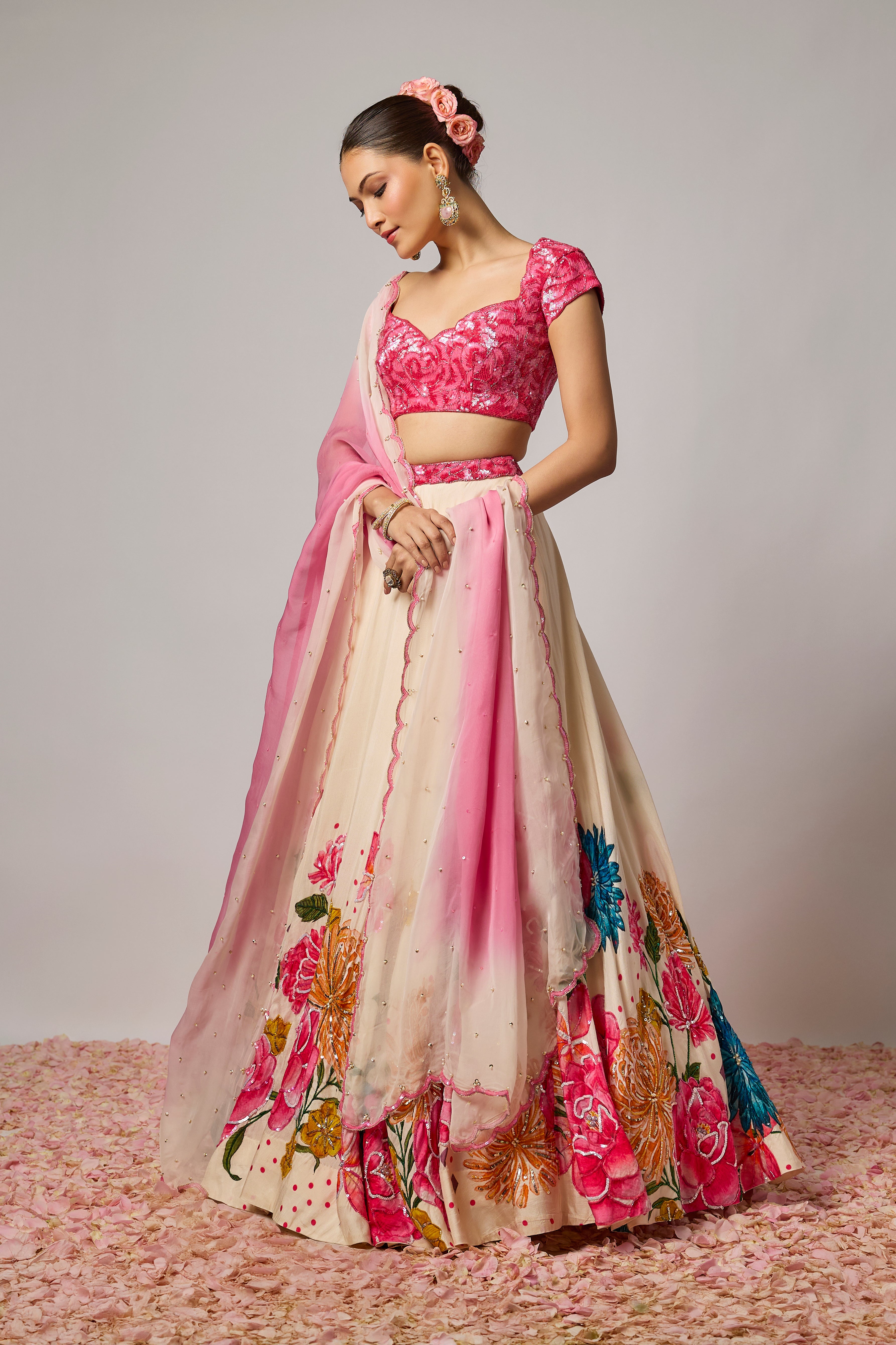 Deep Rose Pink Silk Sequin Embroidered Floral Blouse