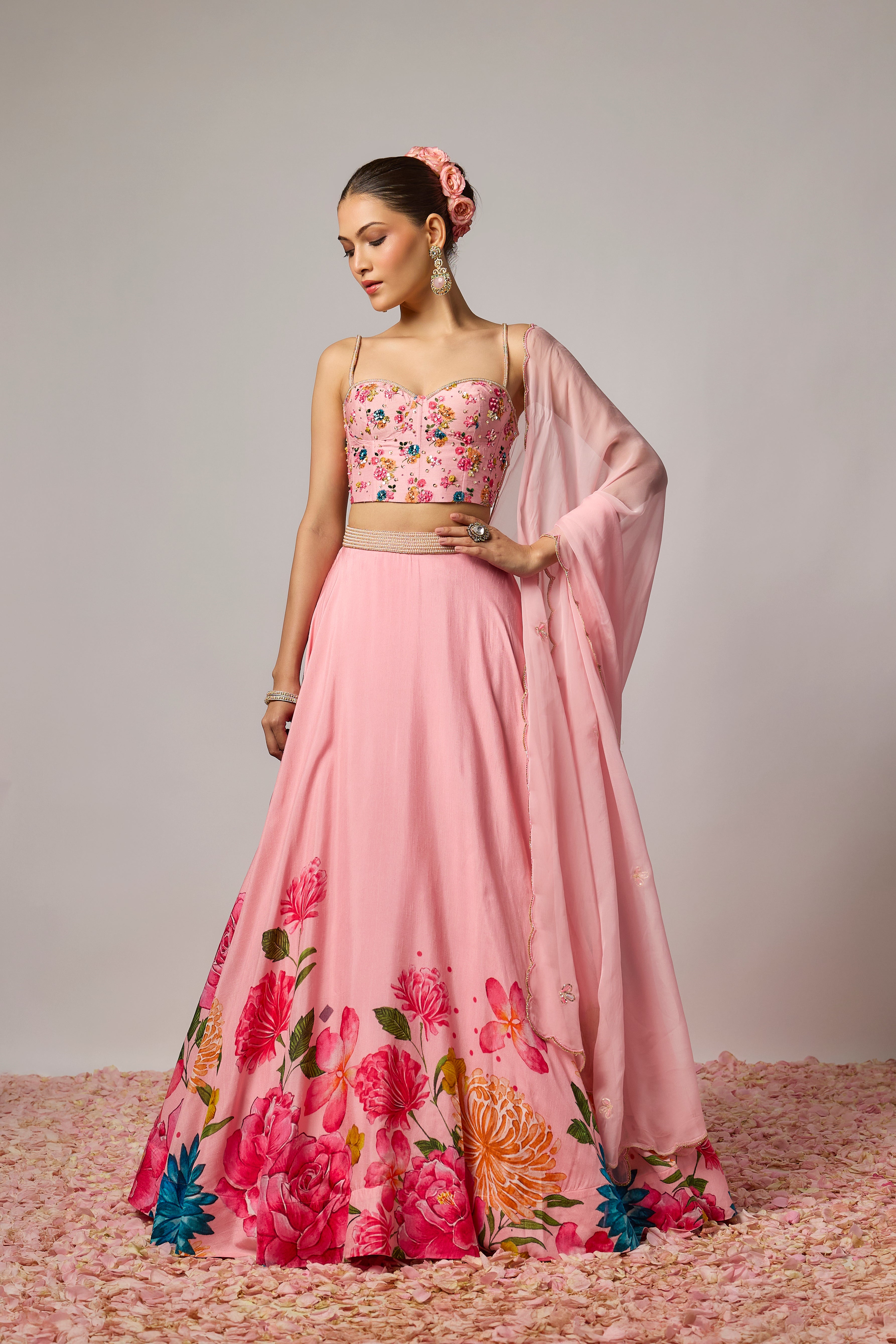 Blush Pink Dola Silk Floral Printed Lehenga Set
