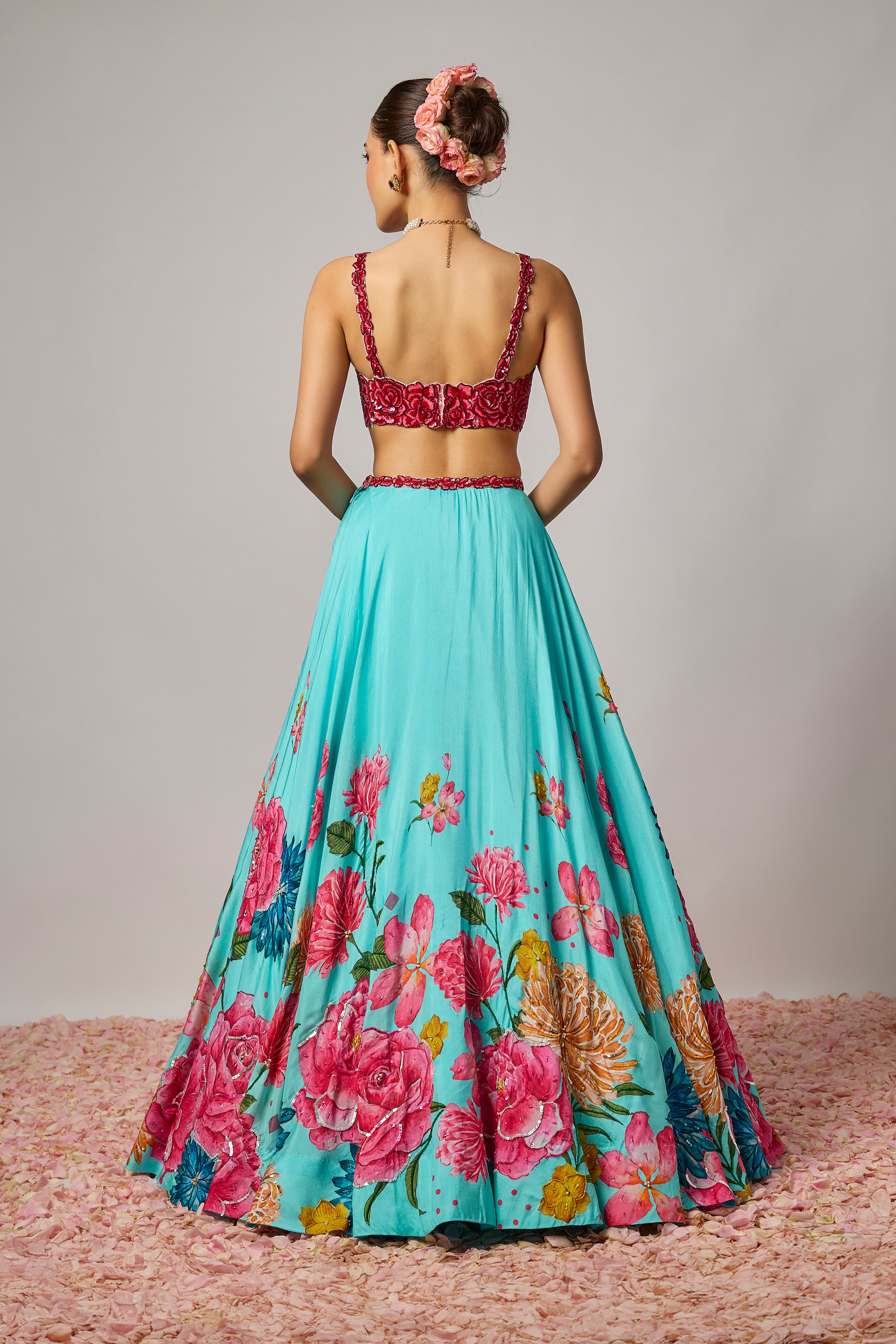 Aqua Blue Dola Silk Embroidered Lehenga Set