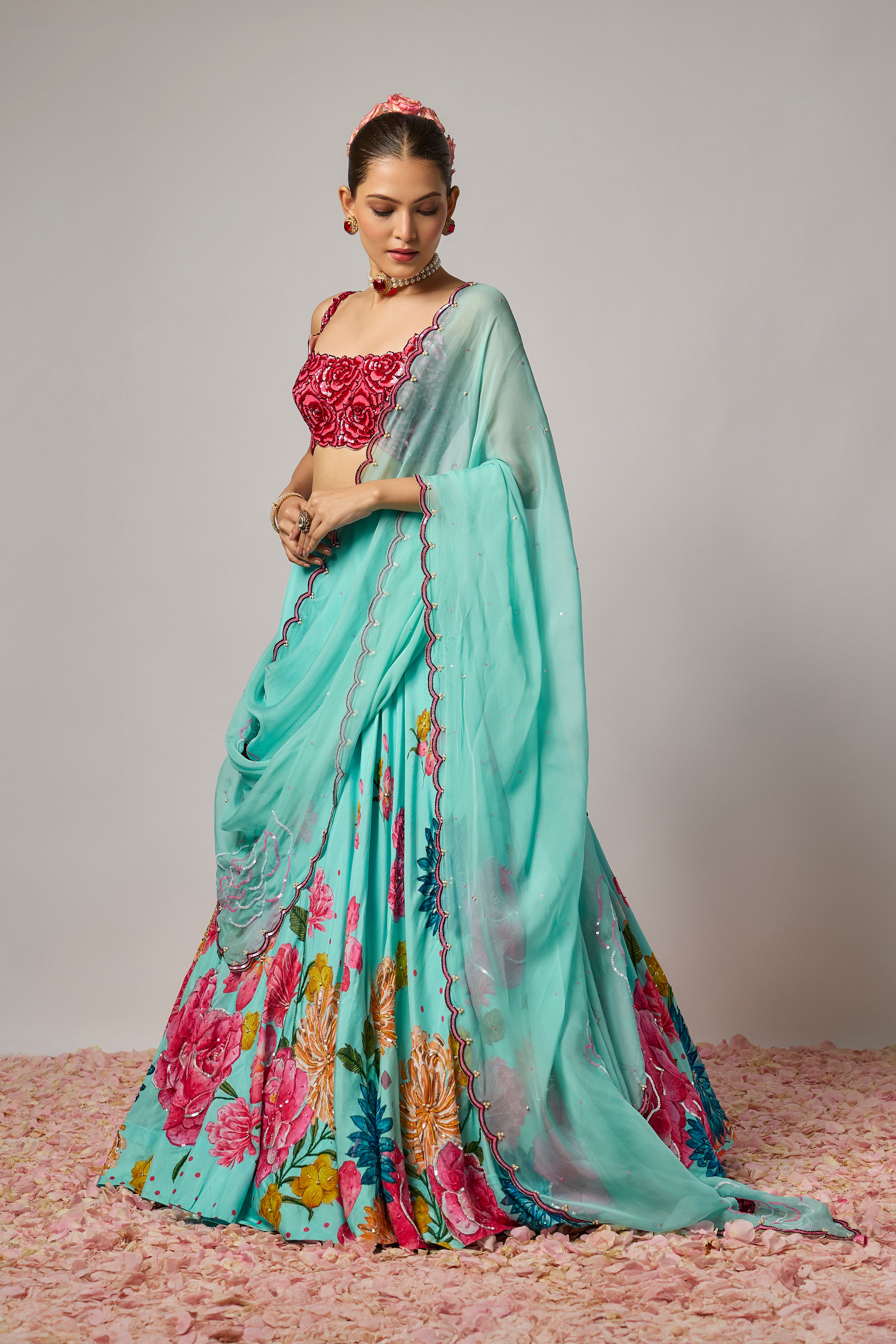 Aqua Blue Dola Silk Embroidered Lehenga Set