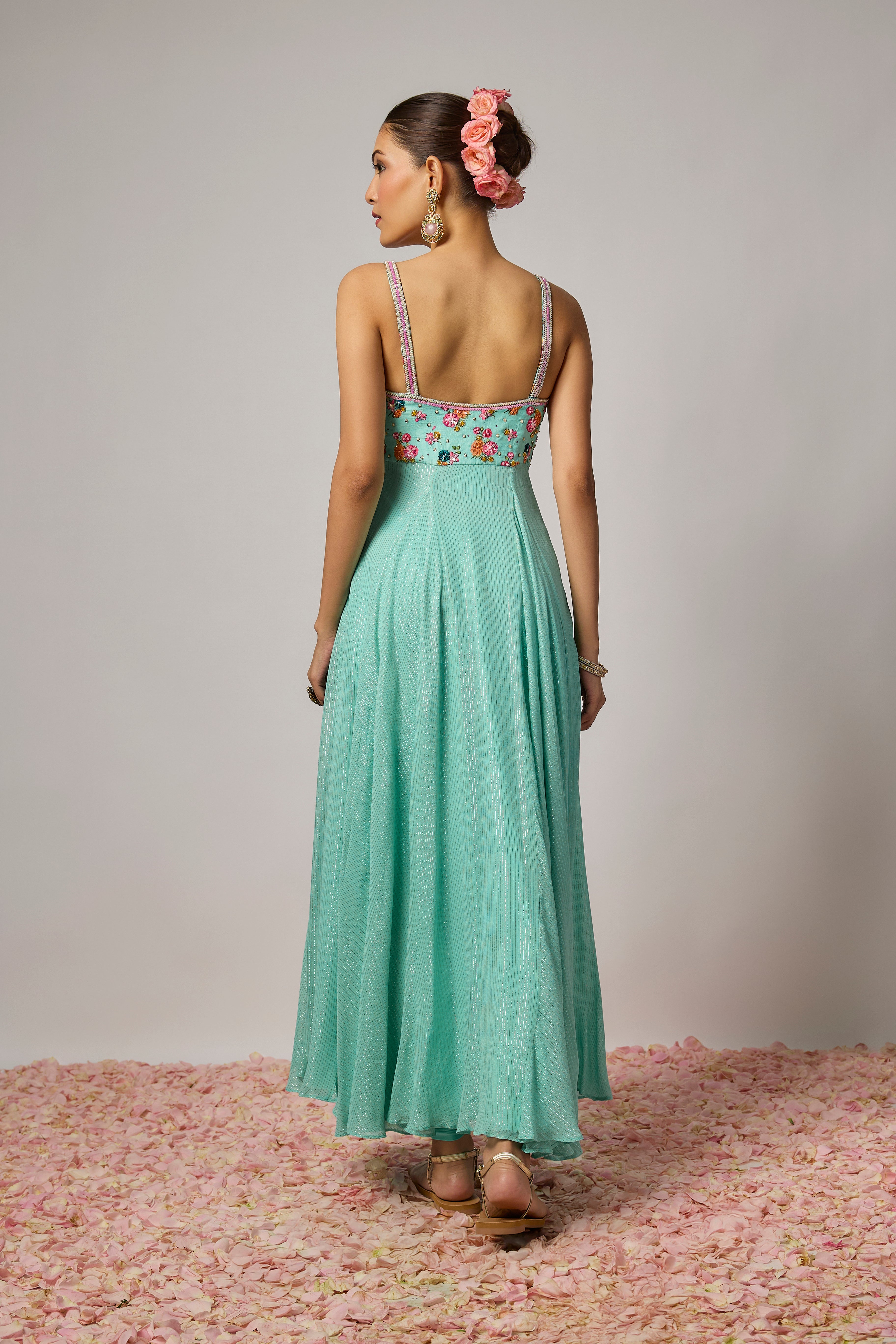 Aqua Blue Lurex Georgette Hand-Embroidered Anarkali Set