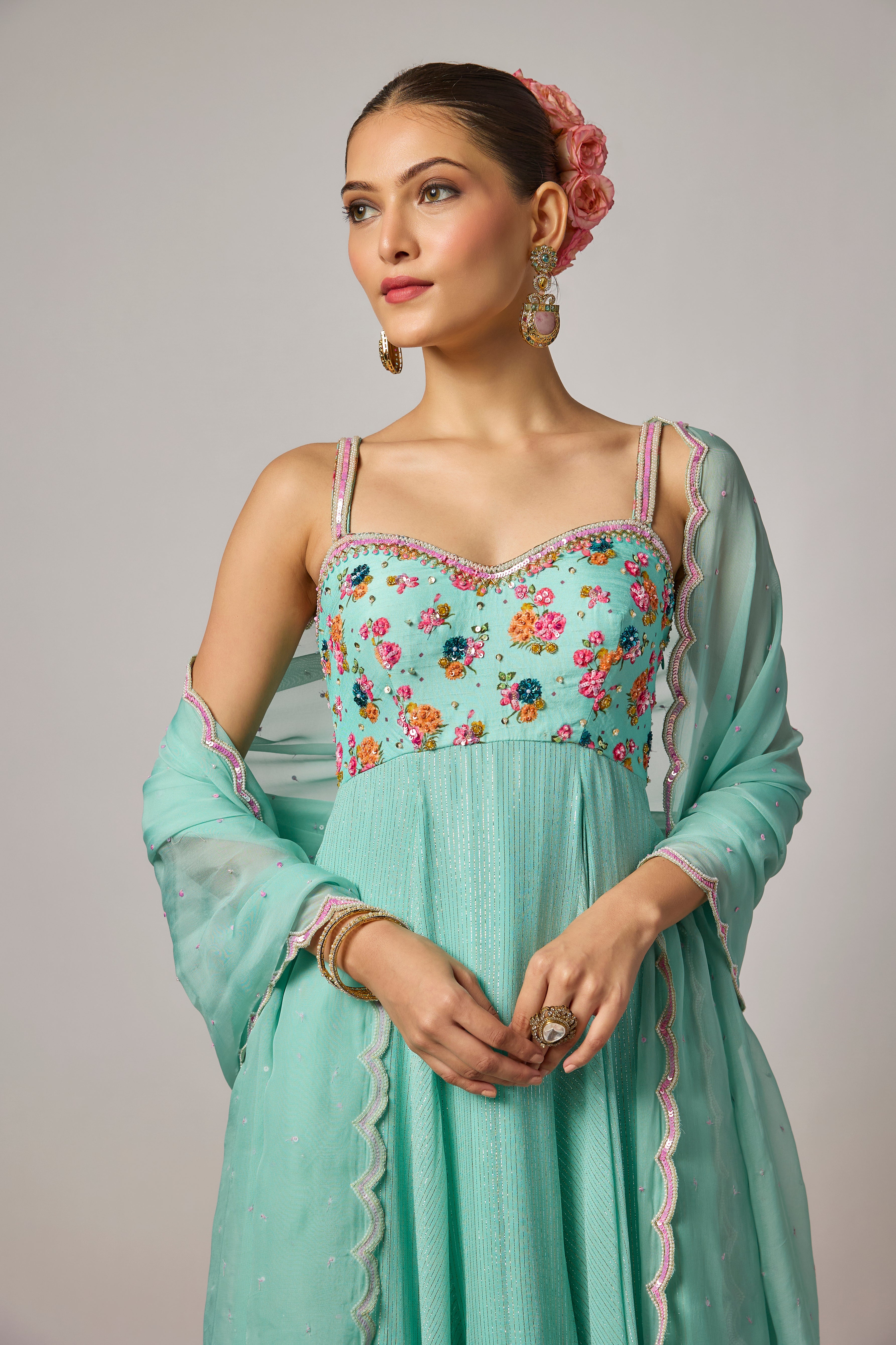 Aqua Blue Lurex Georgette Hand-Embroidered Anarkali Set