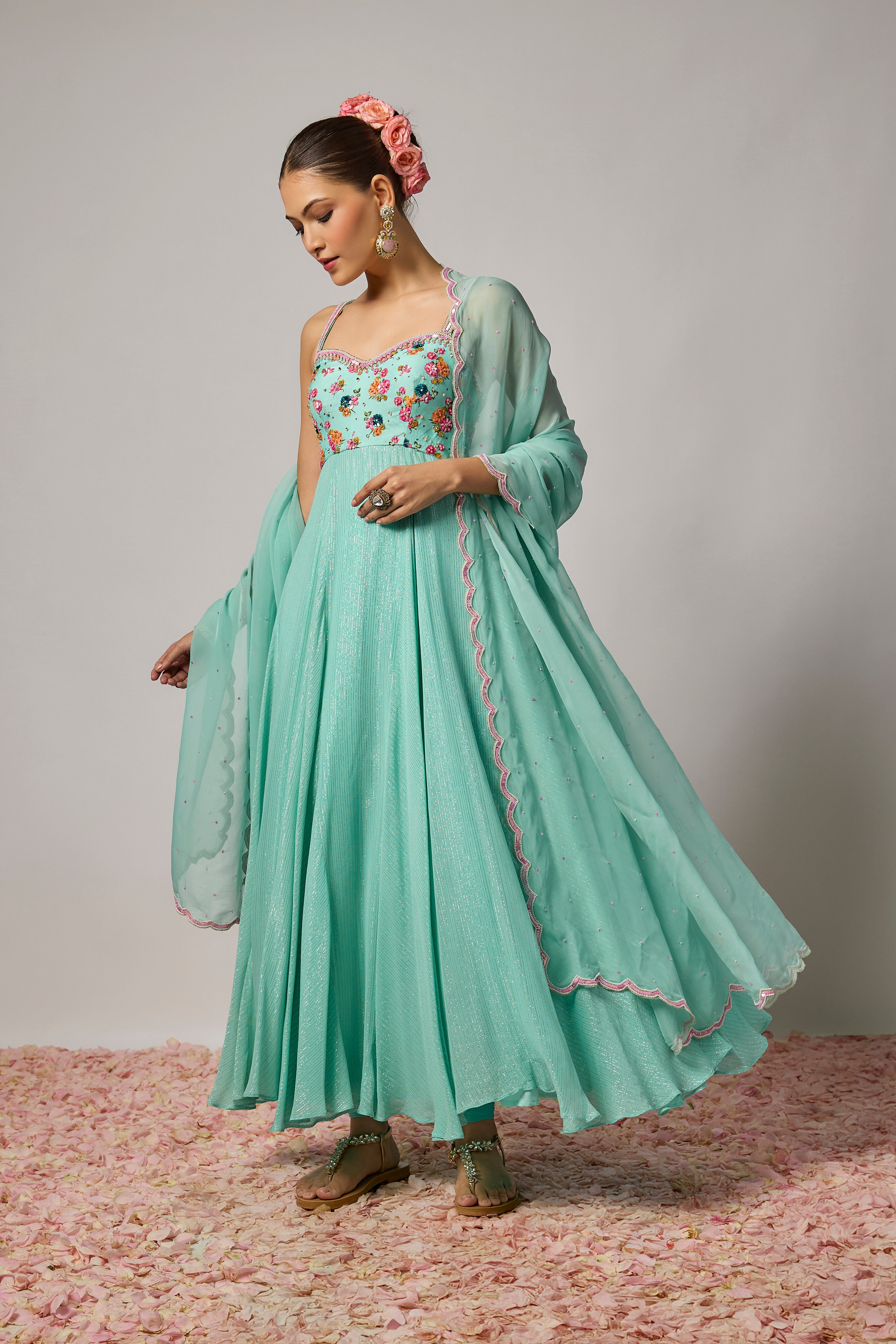 Aqua Blue Lurex Georgette Hand-Embroidered Anarkali Set