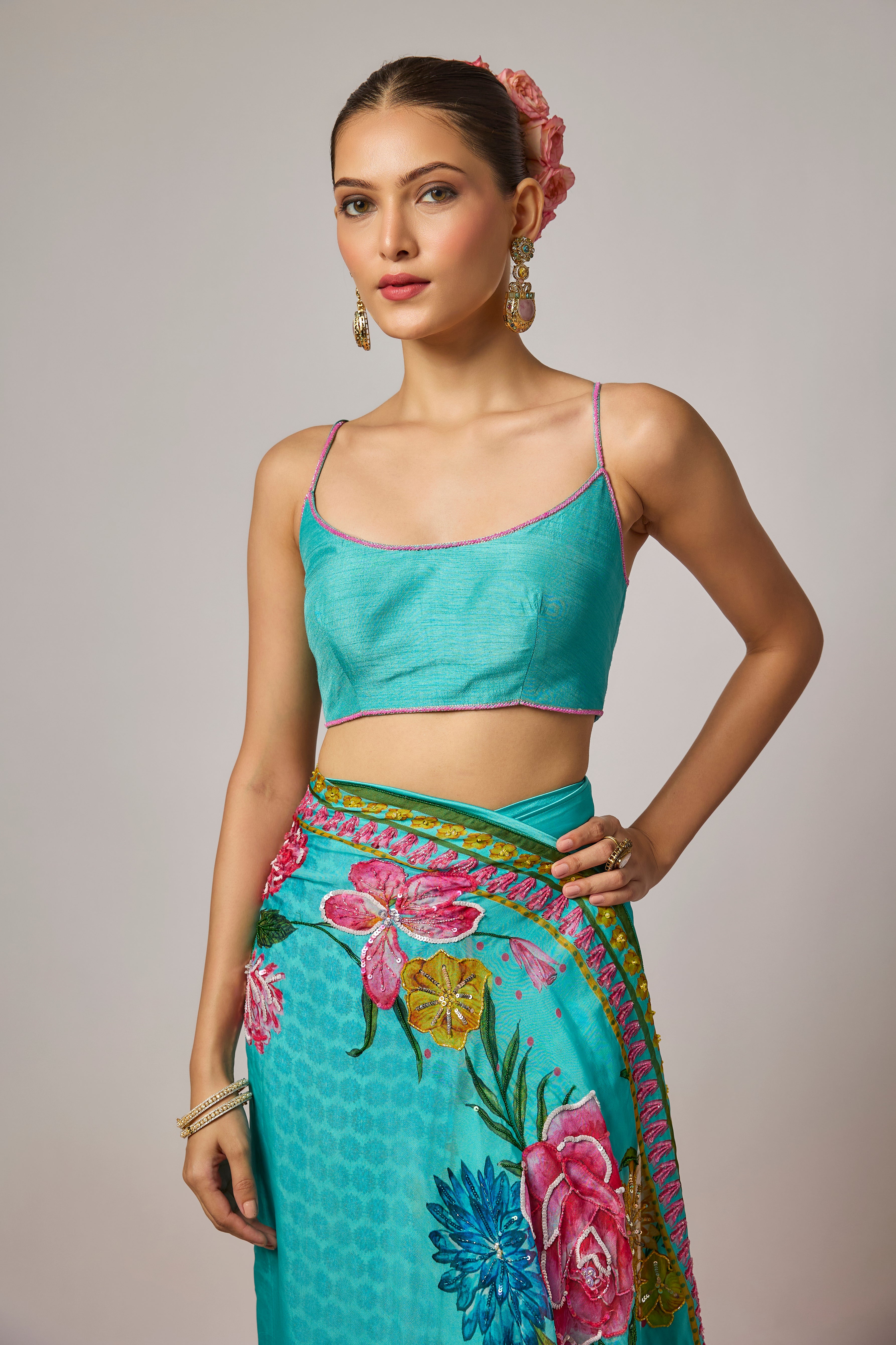 Aqua Blue Embroidered Organza Pre-Draped Saree