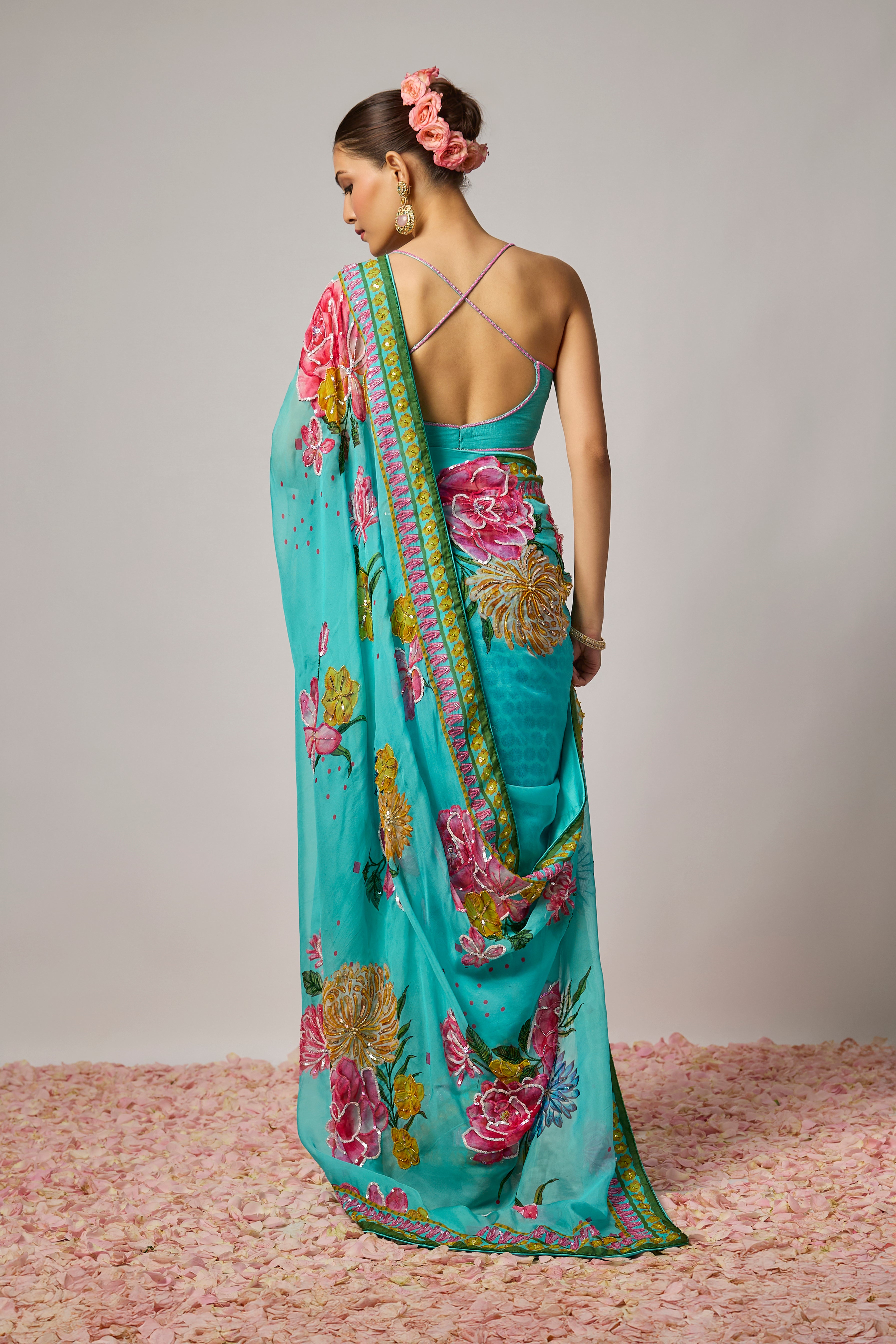 Aqua Blue Embroidered Organza Pre-Draped Saree