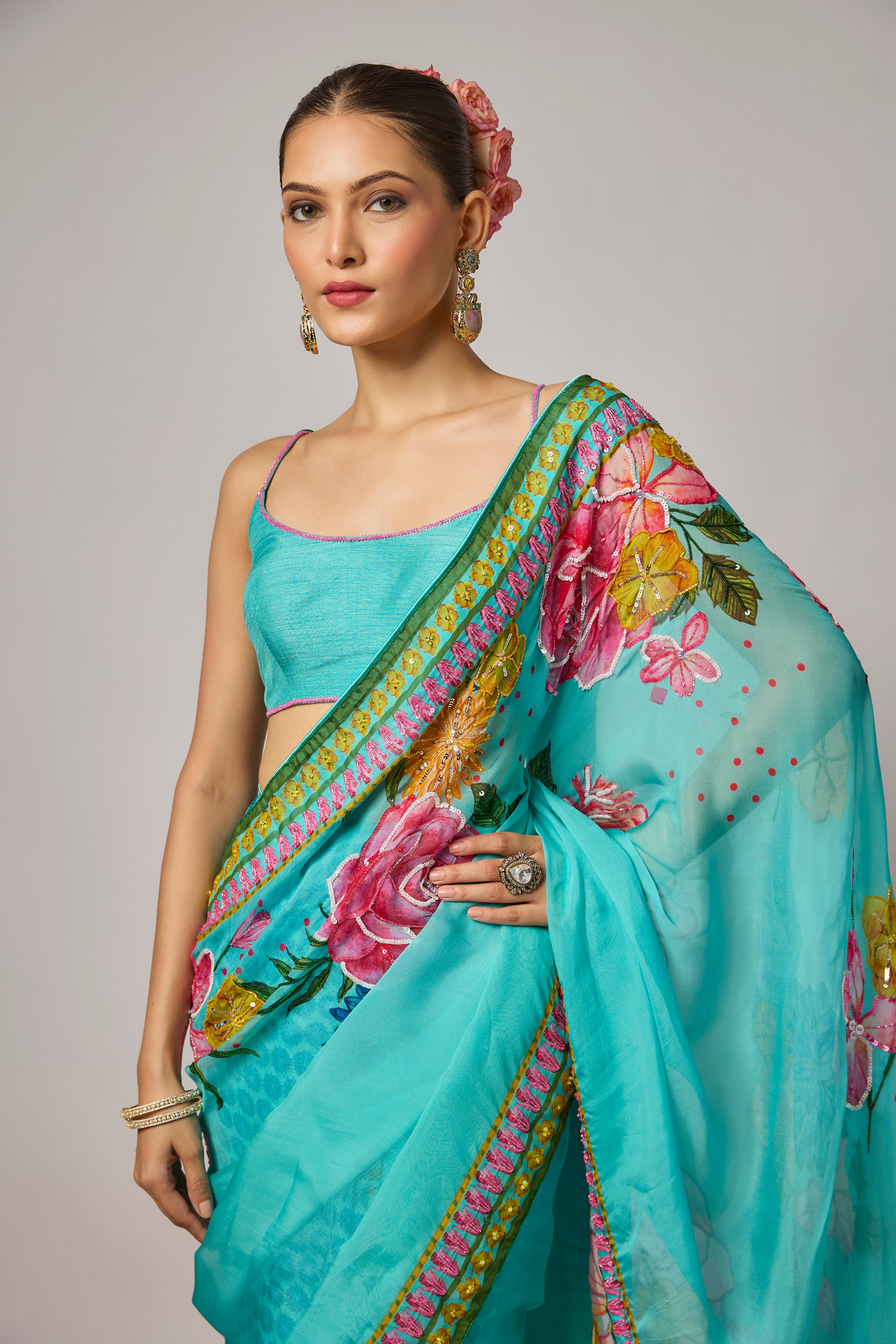 Aqua Blue Embroidered Organza Pre-Draped Saree