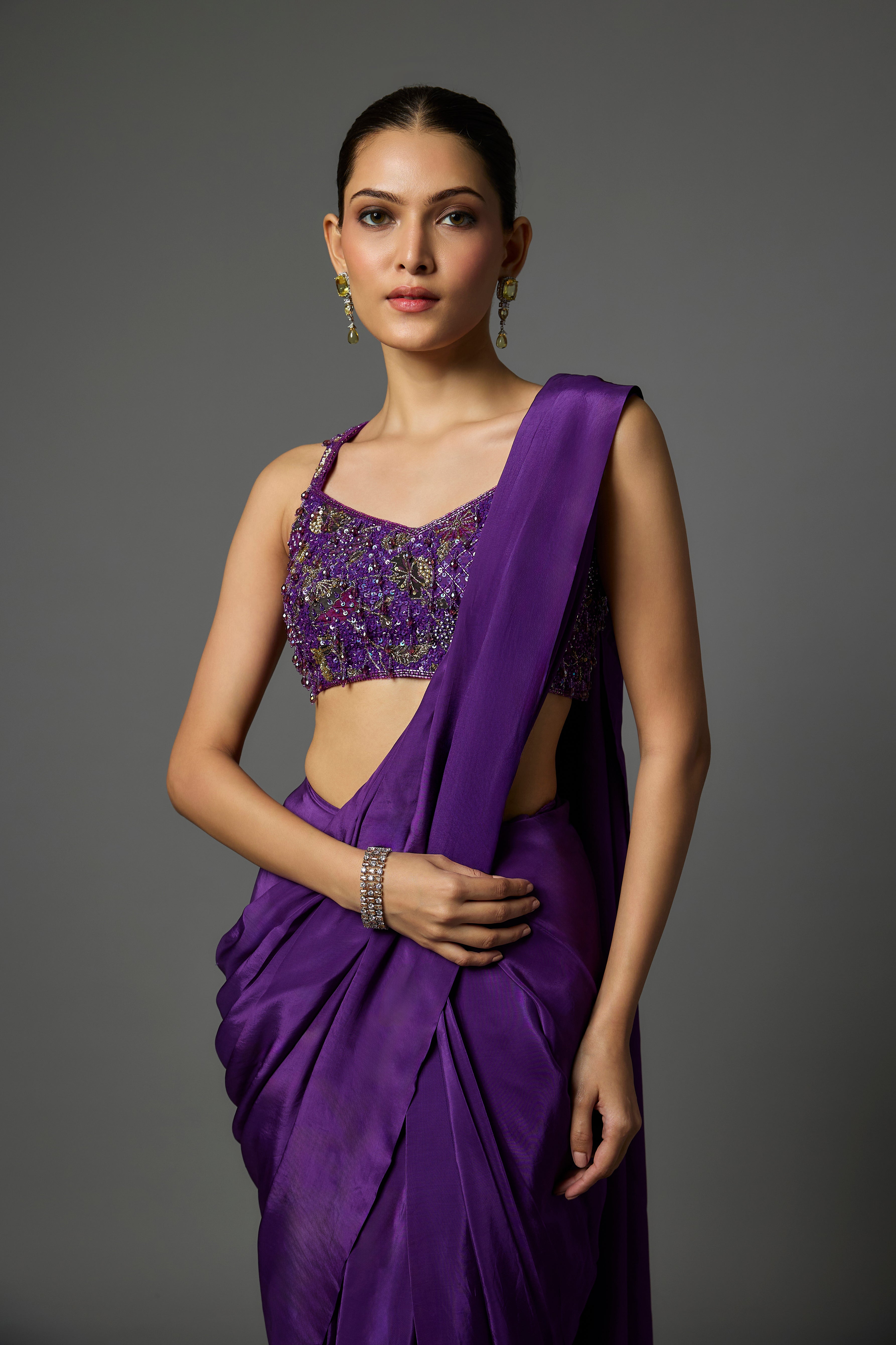 Violet Pre-Draped Crepe Saree