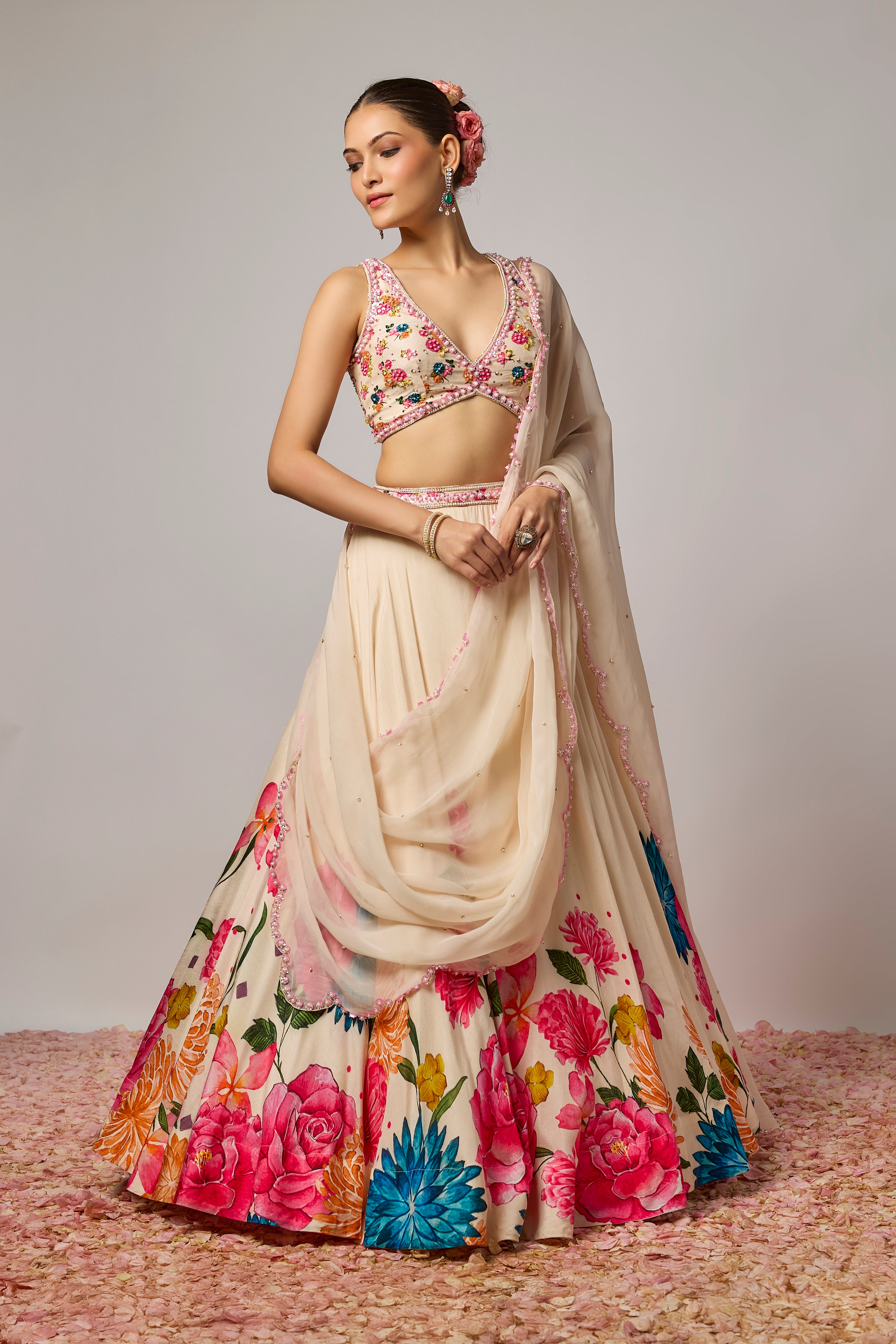 Ivory Dola Silk Floral Printed Lehenga Set