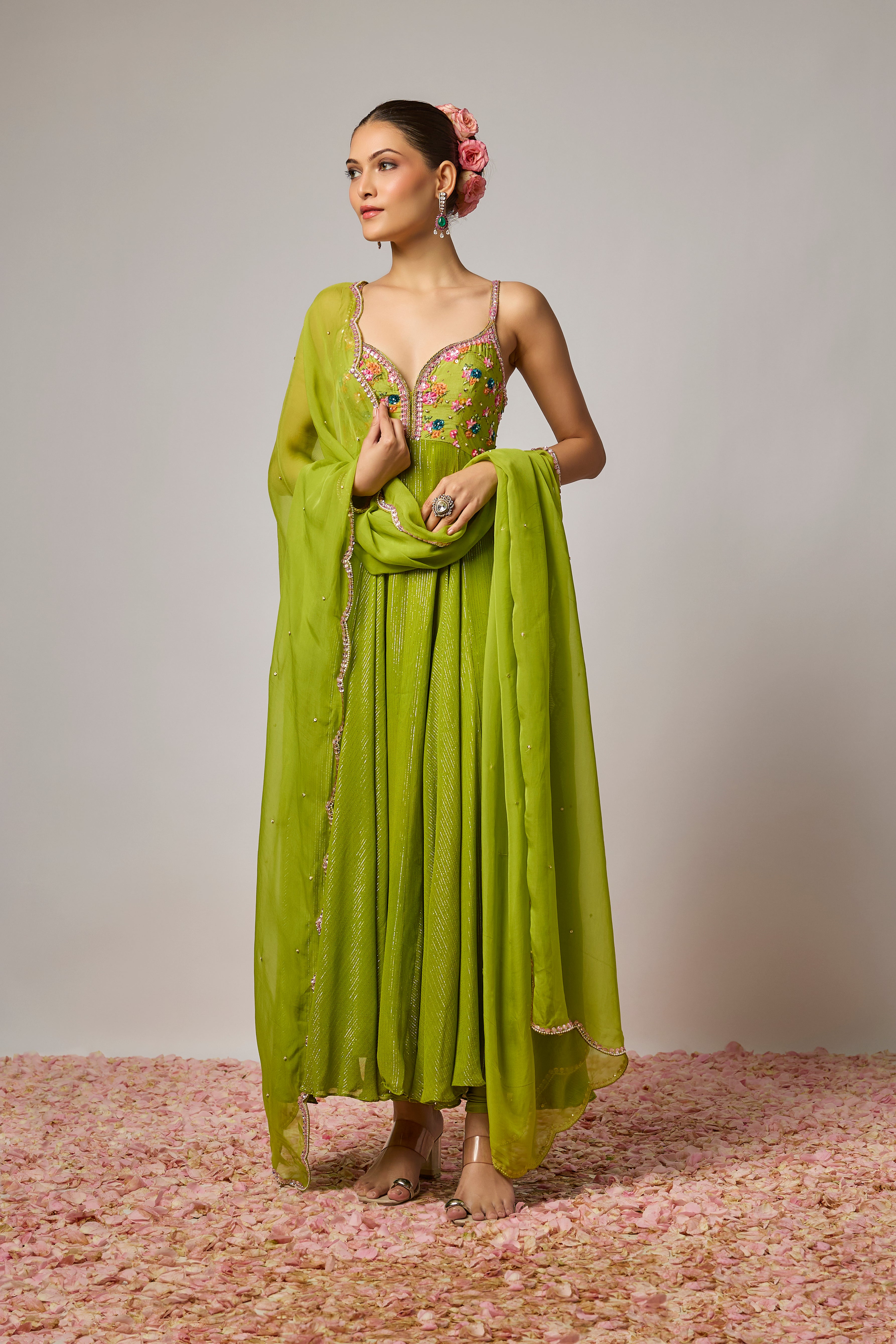 Mehendi Green Lurex Georgette Embroidered Anarkali Set