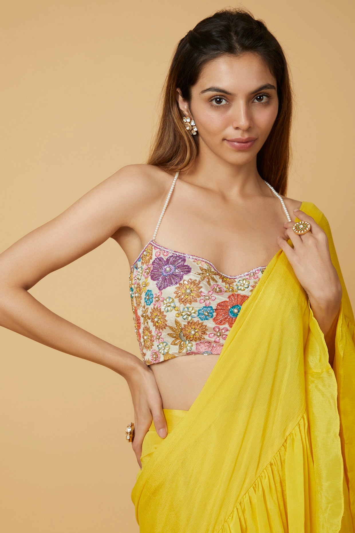 Bright yellow Lehenga saree set