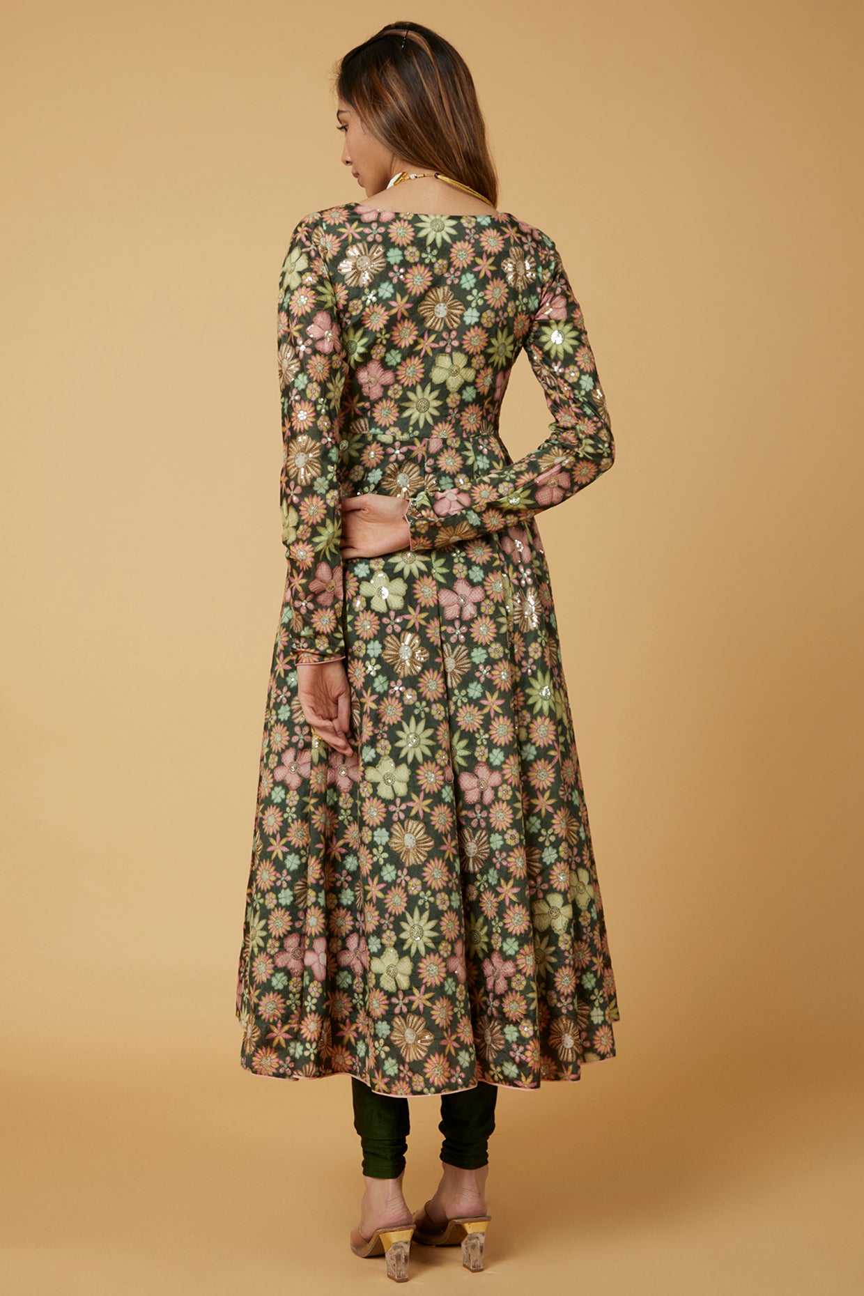 forest green printed Anarkali set