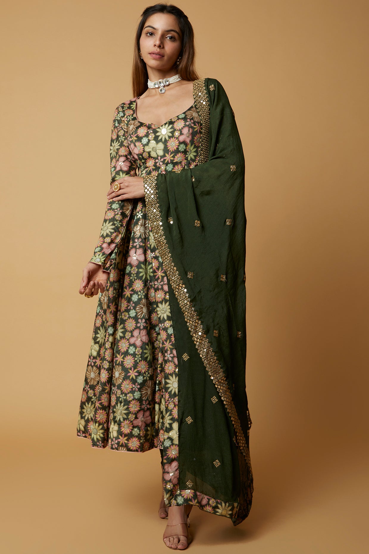 forest green printed Anarkali set